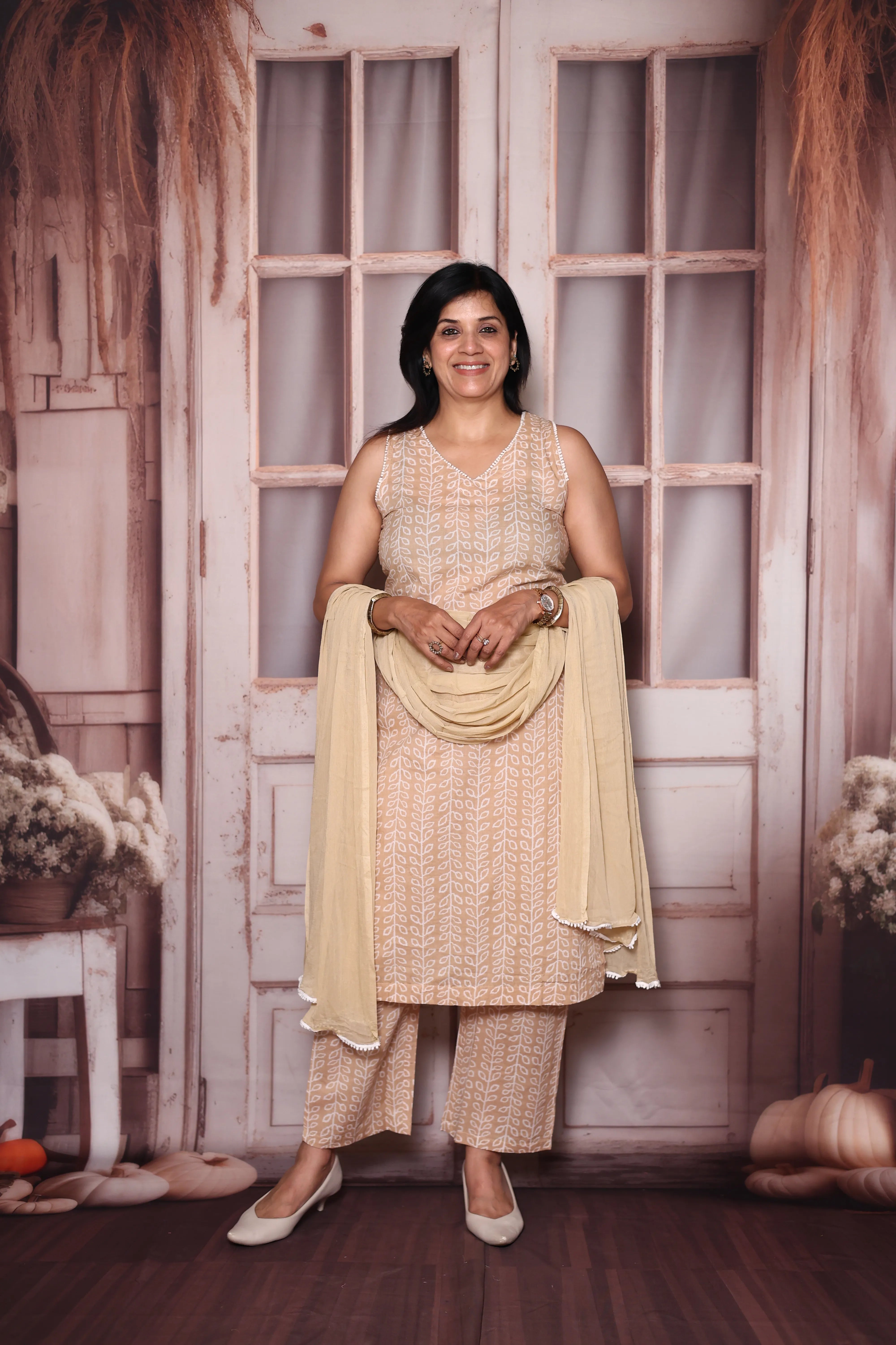 Beige Sleeveless Printed Mul Cotton Dupatta Set | Light & Elegant Summer Ethnic Wear