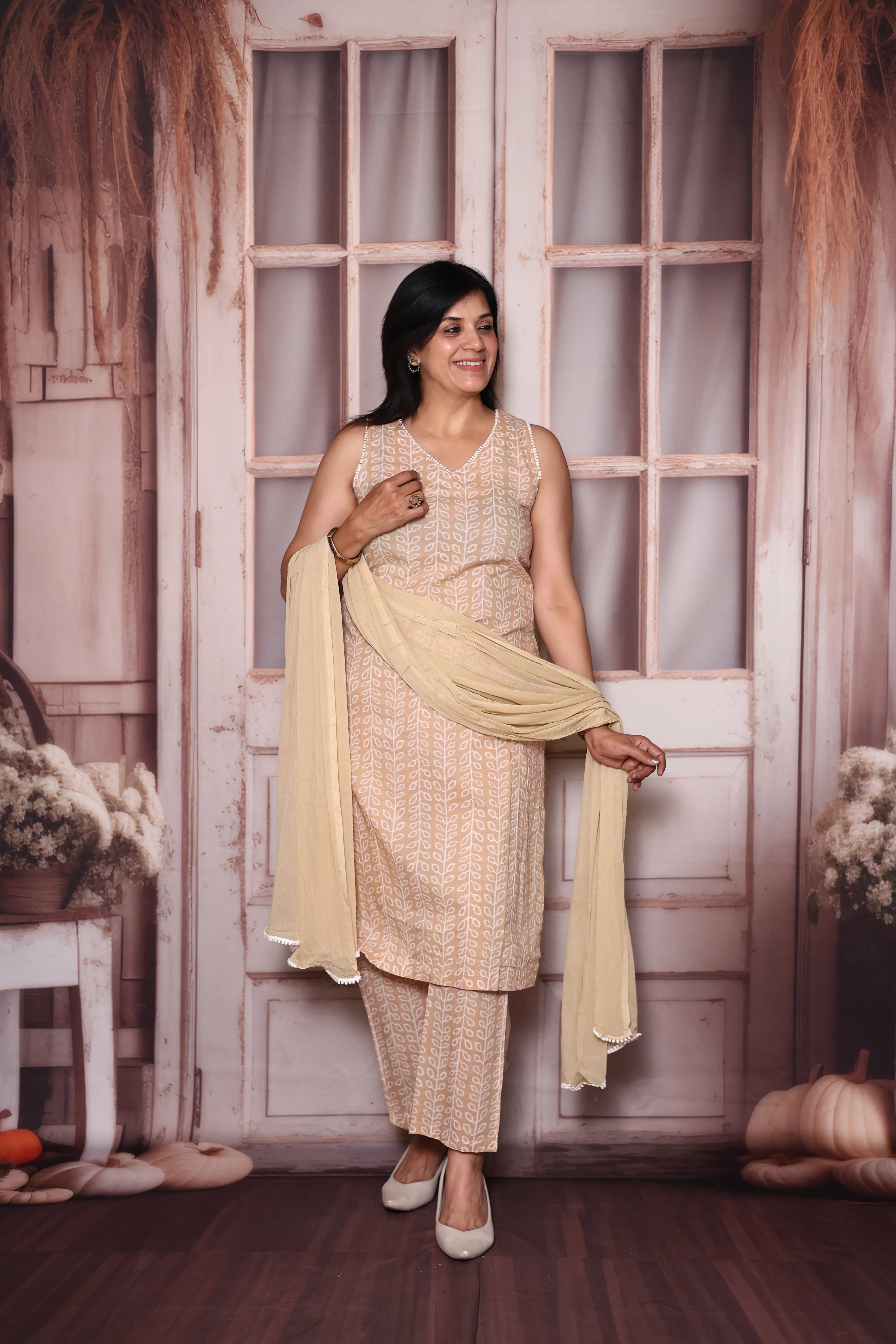 Beige Sleeveless Printed Mul Cotton Dupatta Set | Light & Elegant Summer Ethnic Wear