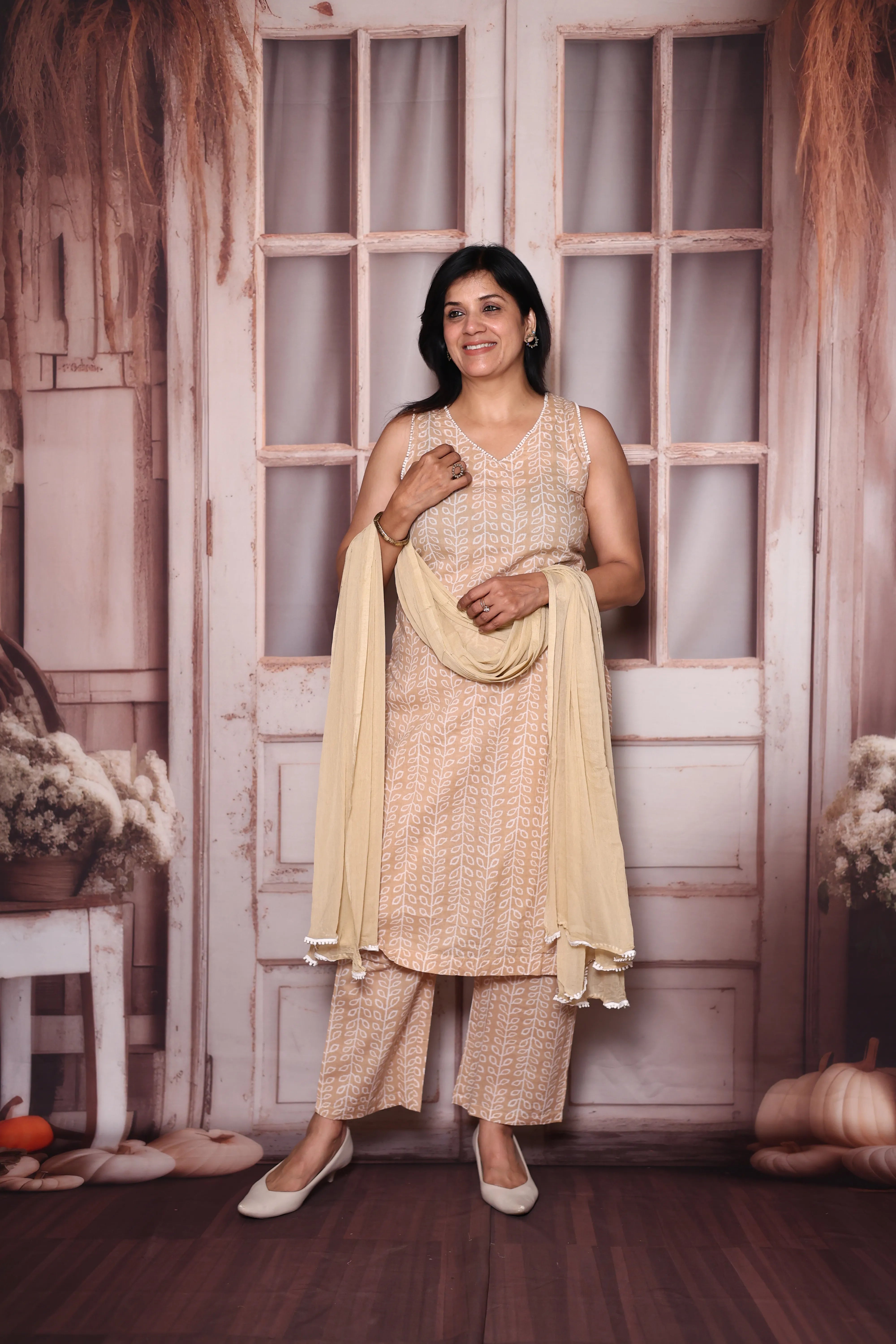 Beige Sleeveless Printed Mul Cotton Dupatta Set | Light & Elegant Summer Ethnic Wear