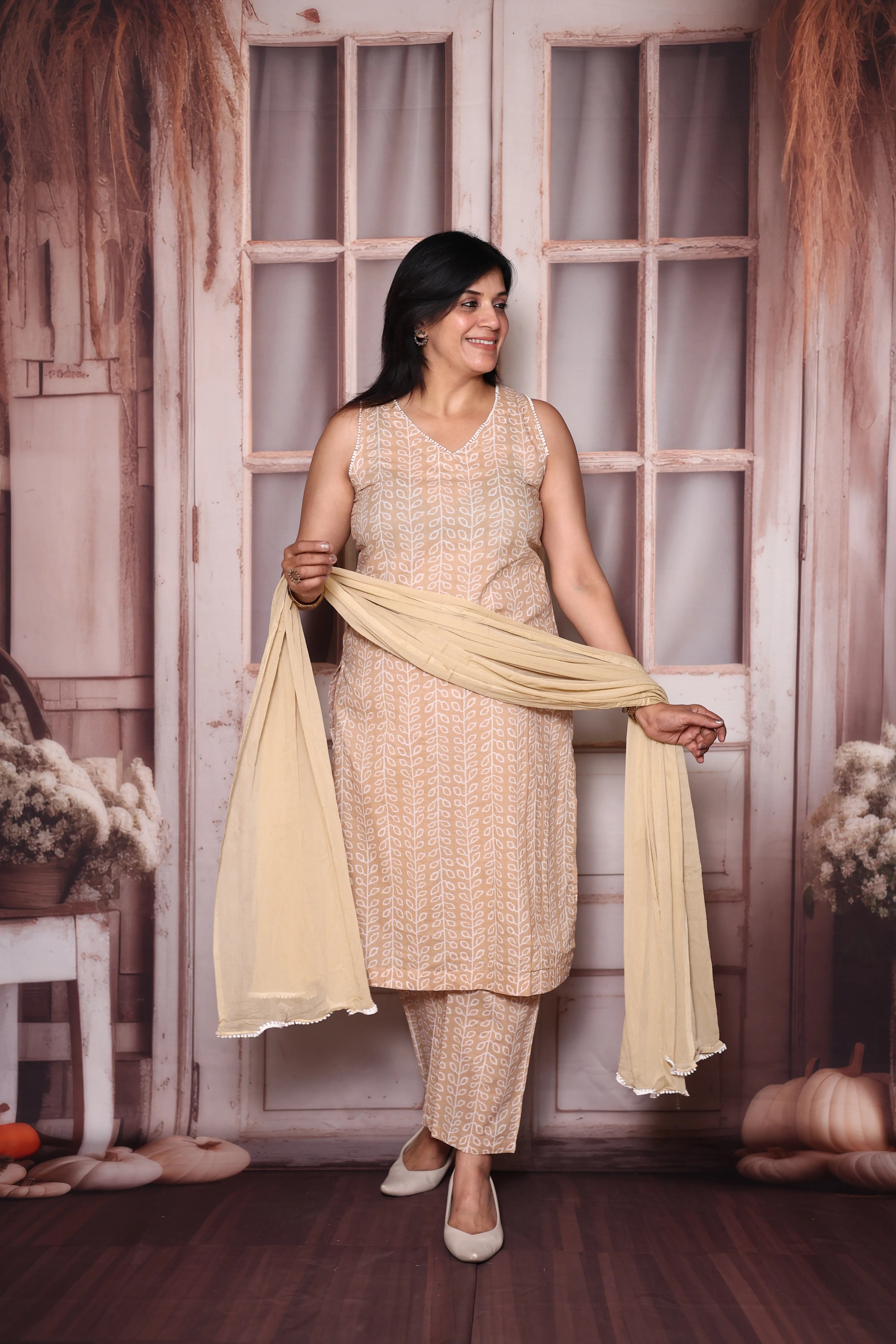 Beige Sleeveless Printed Mul Cotton Dupatta Set | Light & Elegant Summer Ethnic Wear
