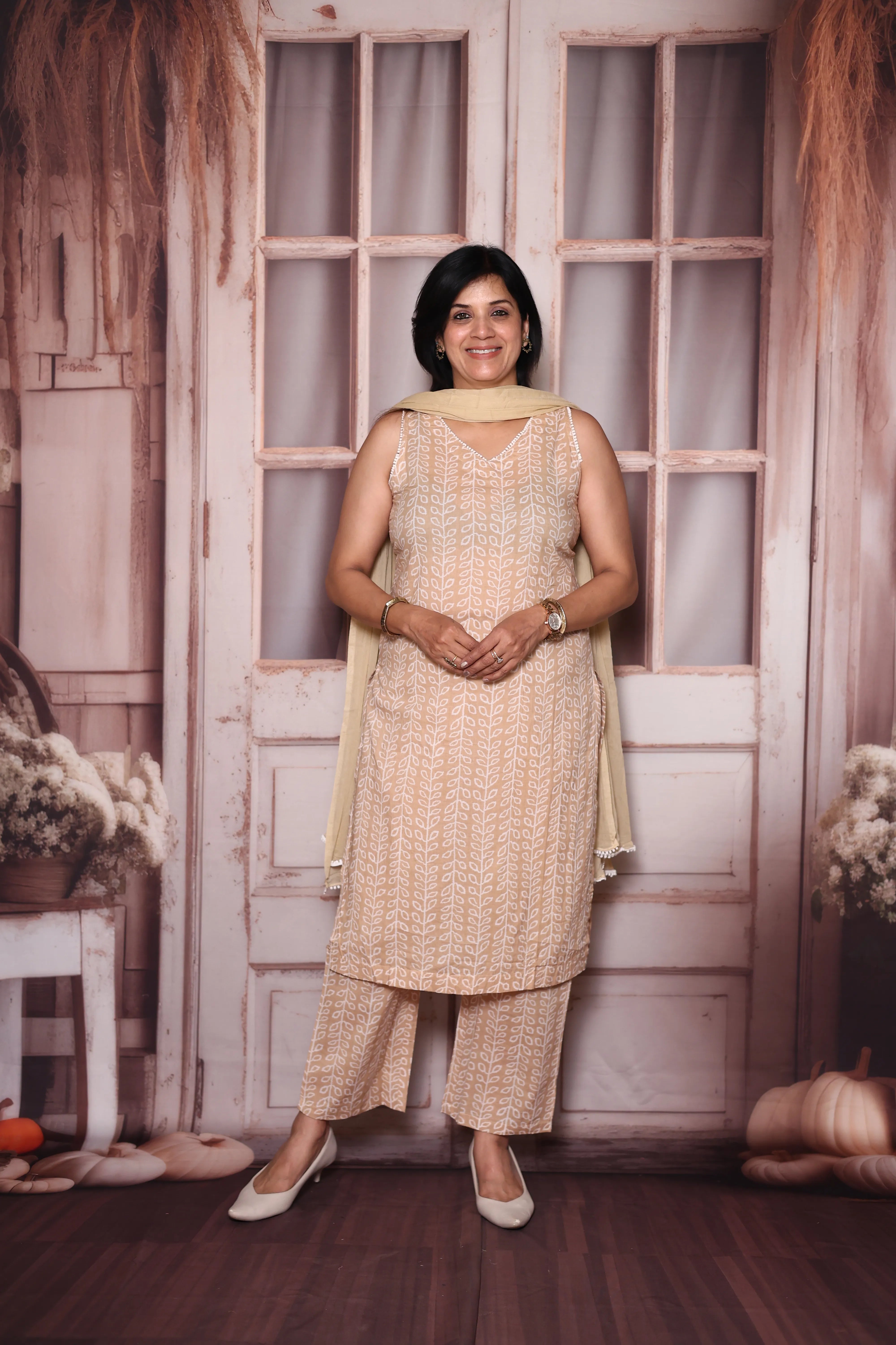 Beige Sleeveless Printed Mul Cotton Dupatta Set | Light & Elegant Summer Ethnic Wear