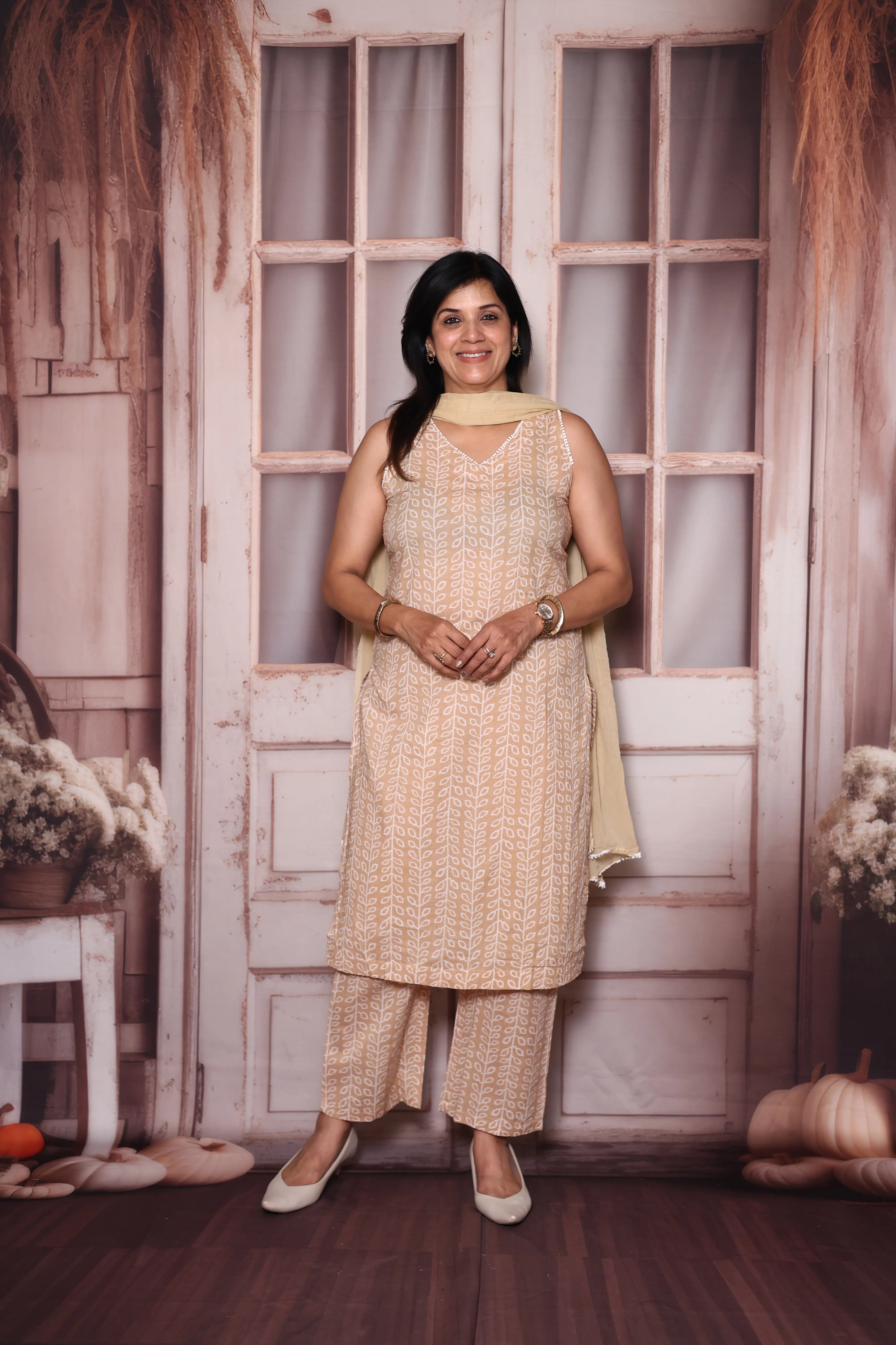 Beige Sleeveless Printed Mul Cotton Dupatta Set | Light & Elegant Summer Ethnic Wear