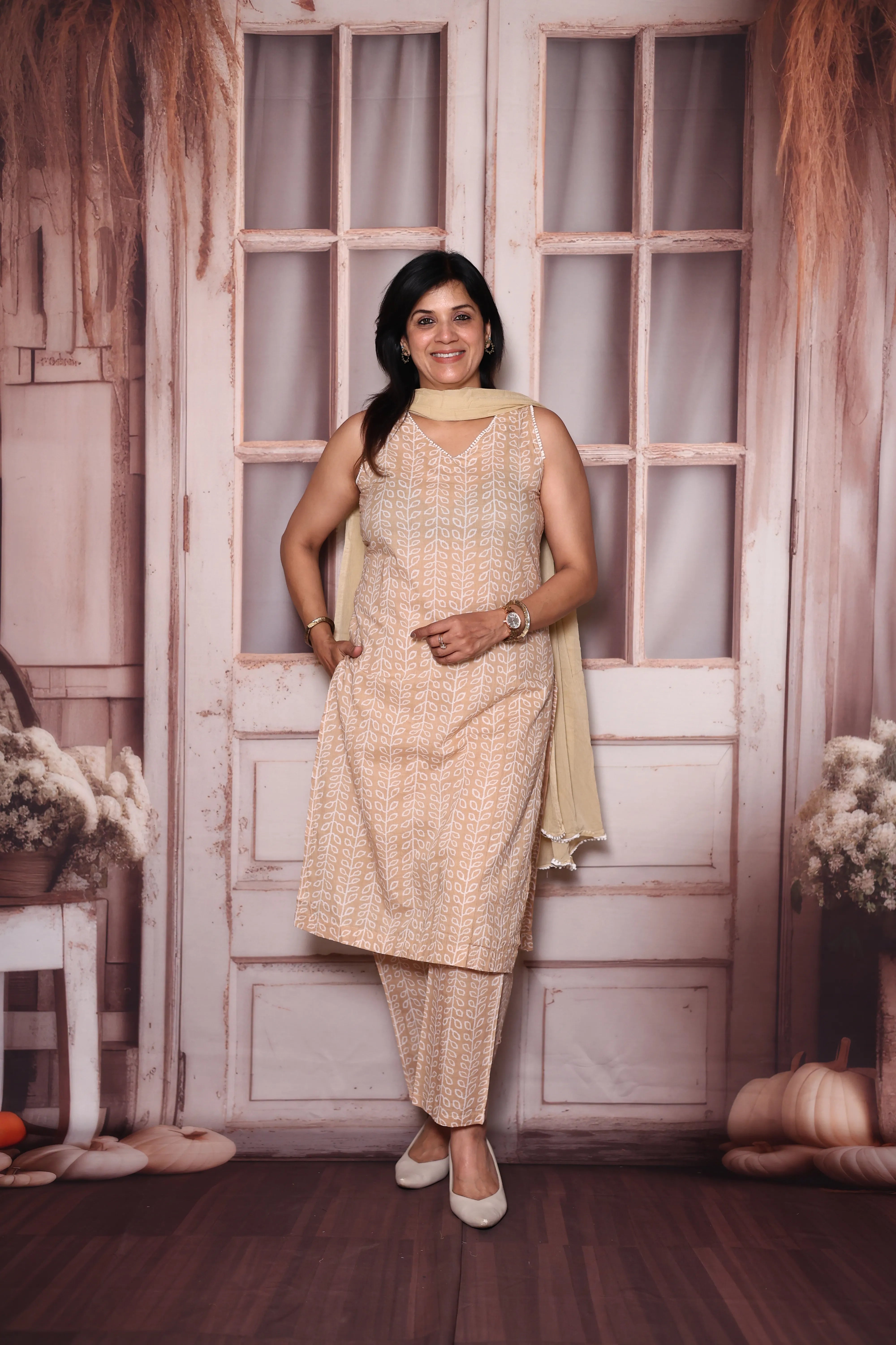 Beige Sleeveless Printed Mul Cotton Dupatta Set | Light & Elegant Summer Ethnic Wear