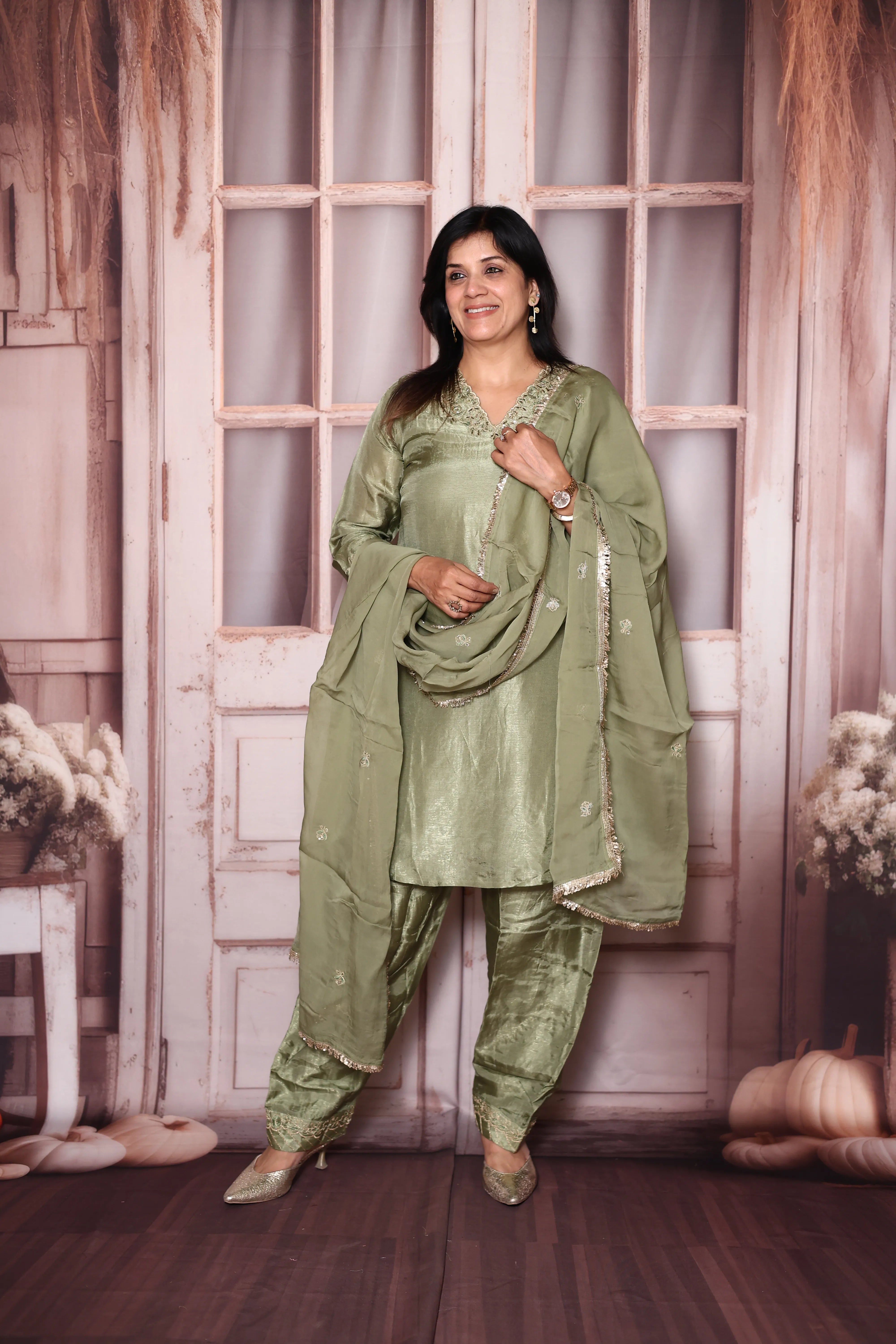 Moss Green Zari Work Pepar Silk Farshi Salwar & Dupatta Set | Premium Festive Ethnic Wear