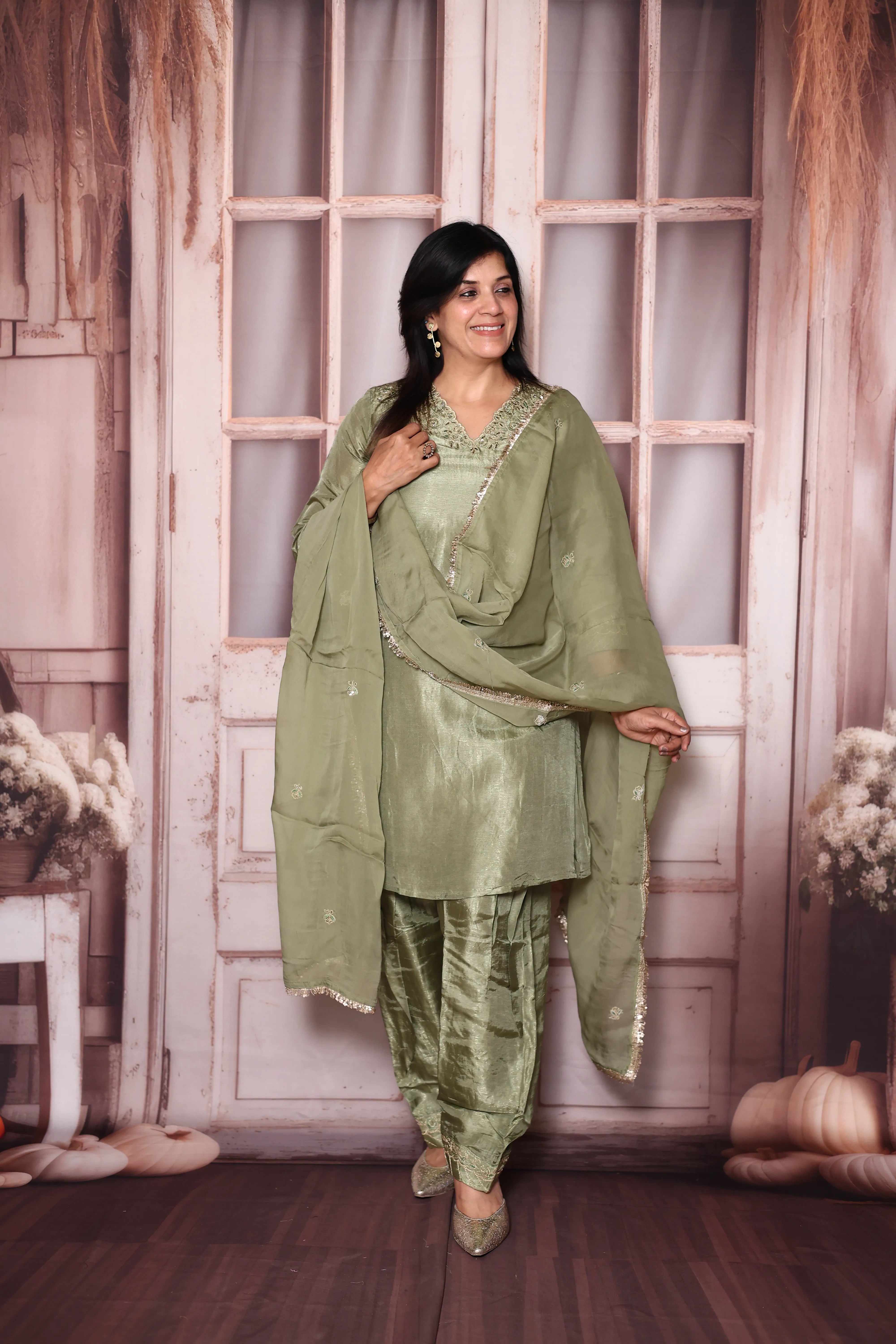 Moss Green Zari Work Pepar Silk Farshi Salwar & Dupatta Set | Premium Festive Ethnic Wear