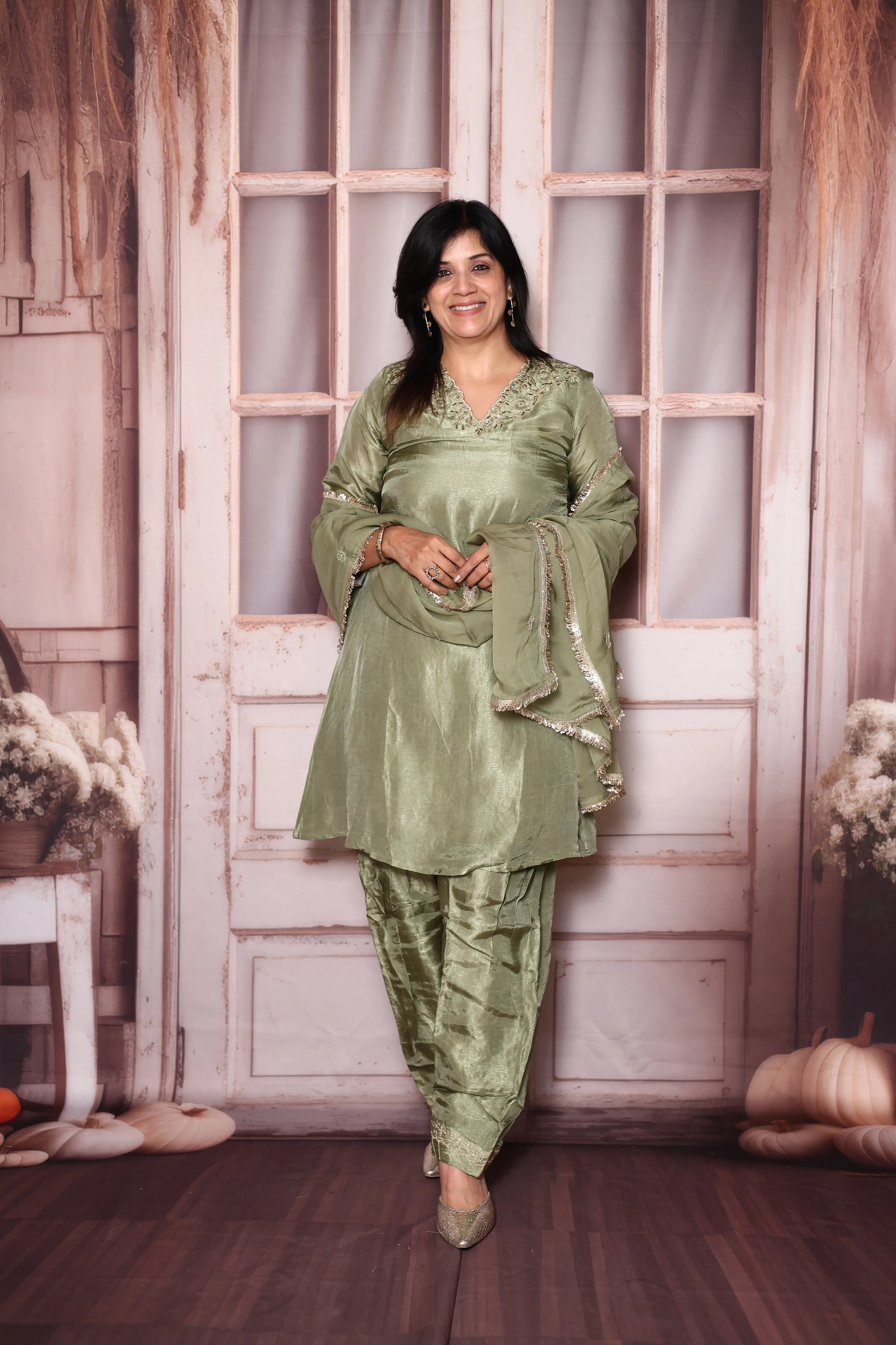 Moss Green Zari Work Pepar Silk Farshi Salwar & Dupatta Set | Premium Festive Ethnic Wear