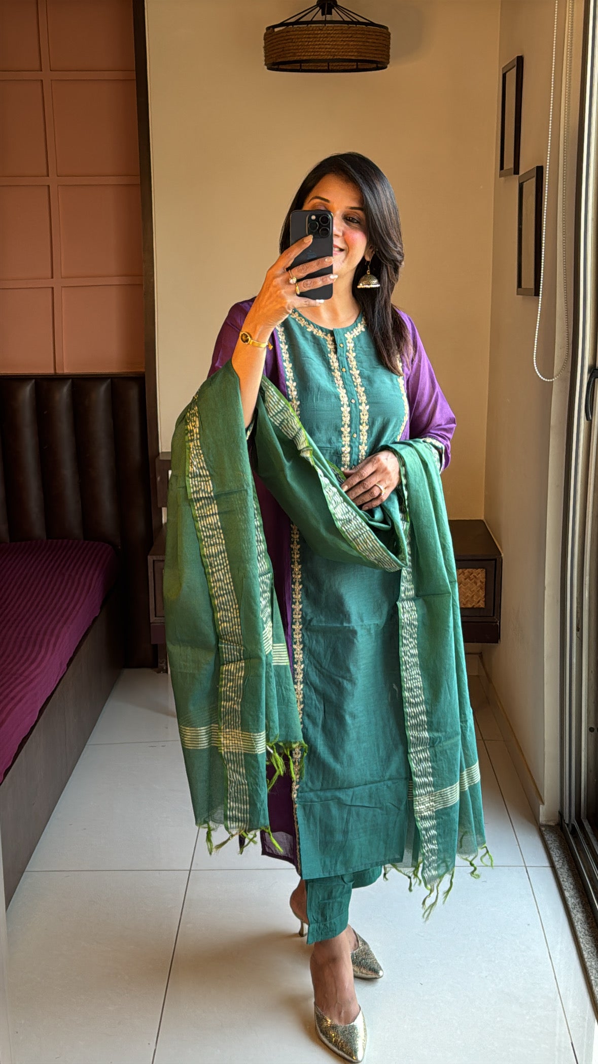 Purple & Green Colour-Block Straight Kurta Pant & Dupatta Set | Banarasi Mul Chanderi