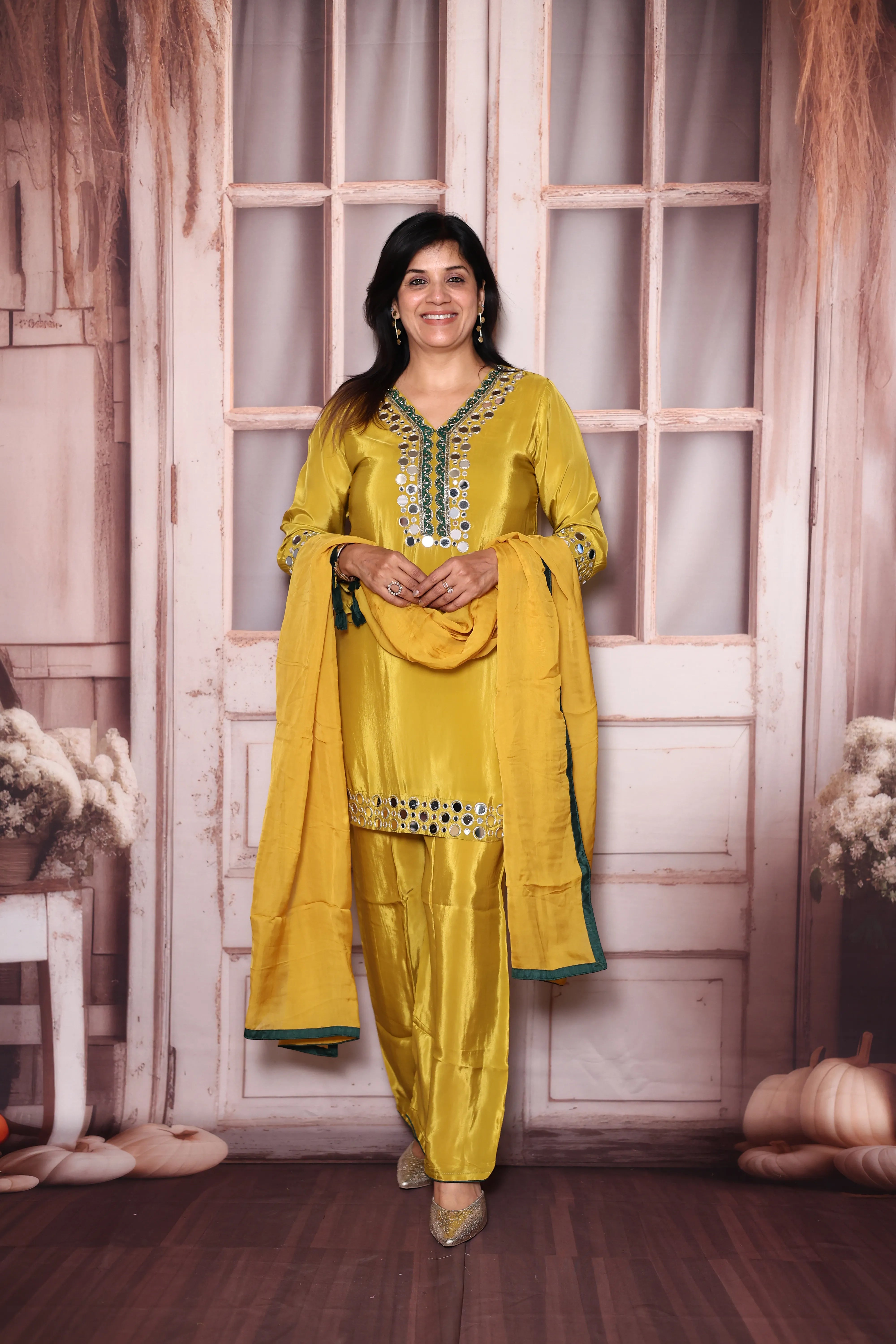 Golden Yellow Real Mirror Work Pure Crepe Palazzo Dupatta Set | Premium Festive & Wedding Wear