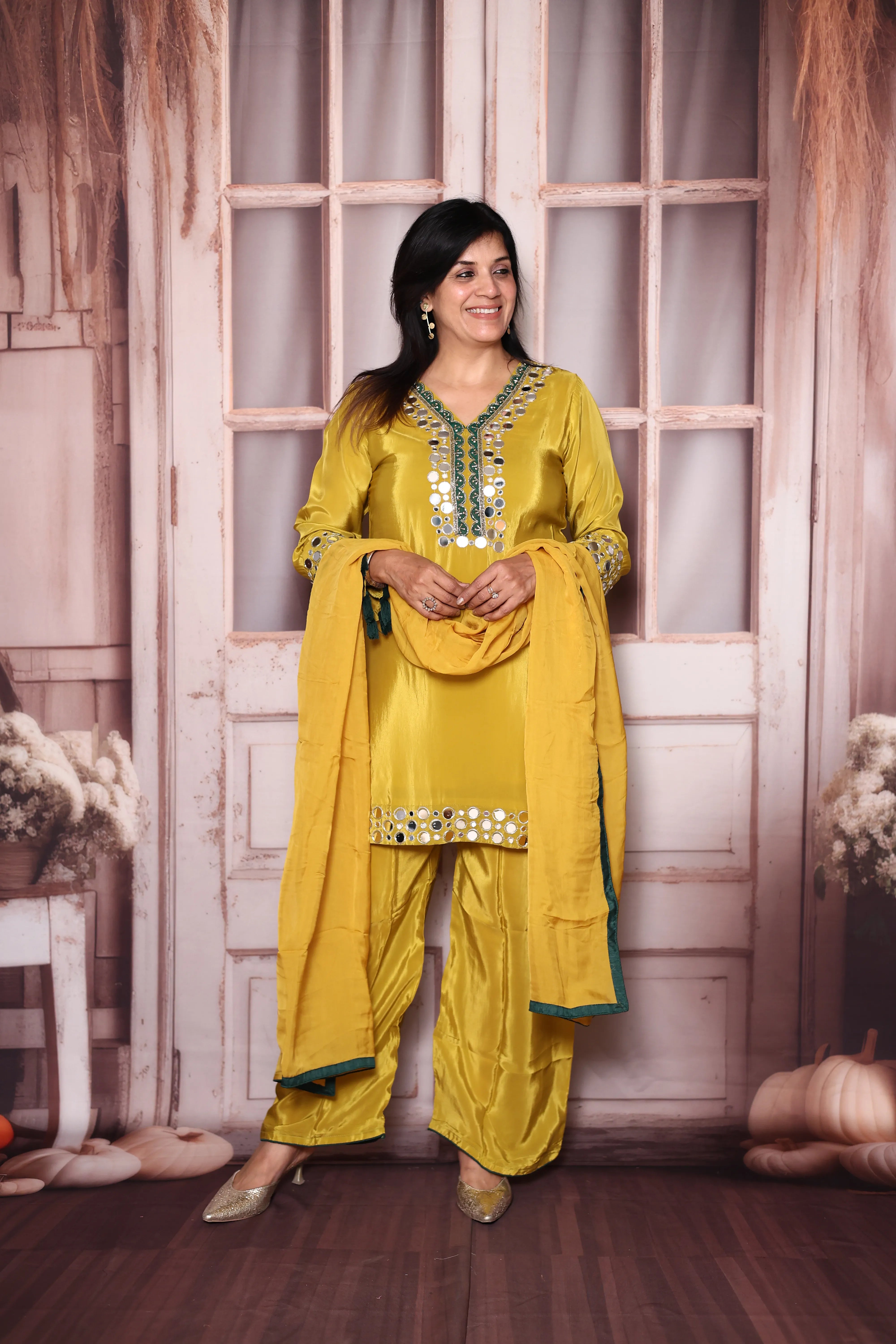 Golden Yellow Real Mirror Work Pure Crepe Palazzo Dupatta Set | Premium Festive & Wedding Wear