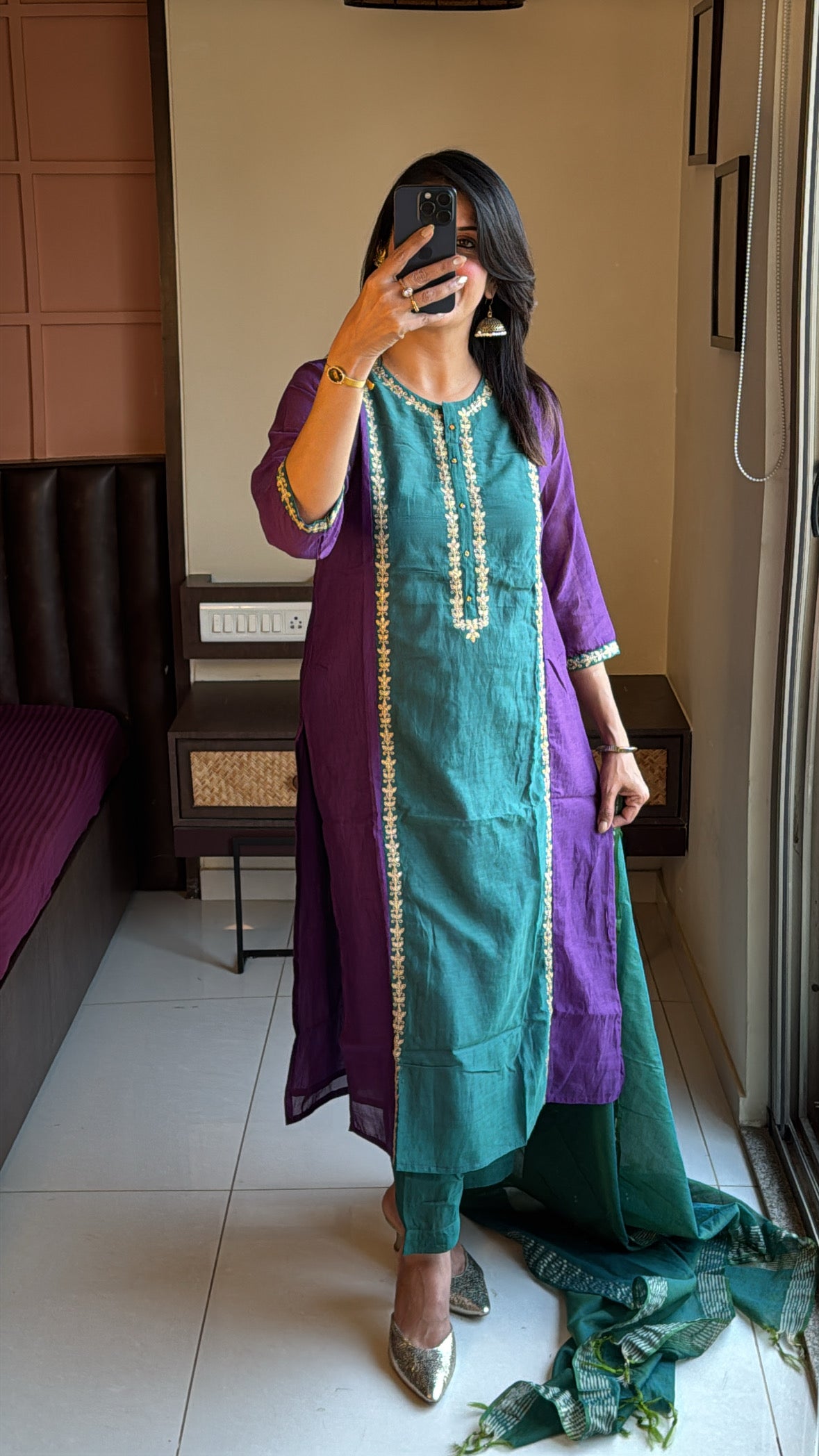 Purple & Green Colour-Block Straight Kurta Pant & Dupatta Set | Banarasi Mul Chanderi