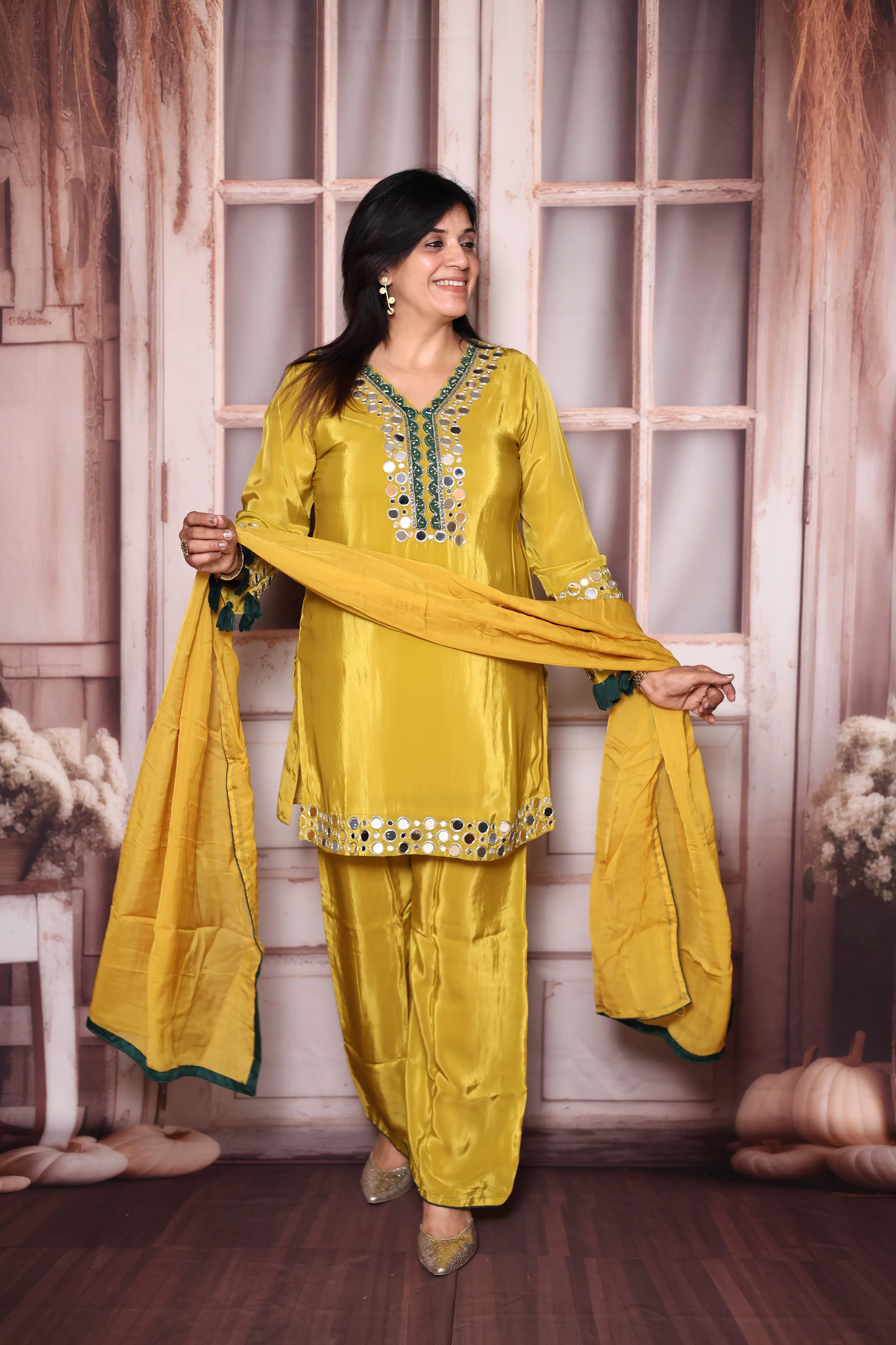 Golden Yellow Real Mirror Work Pure Crepe Palazzo Dupatta Set | Premium Festive & Wedding Wear