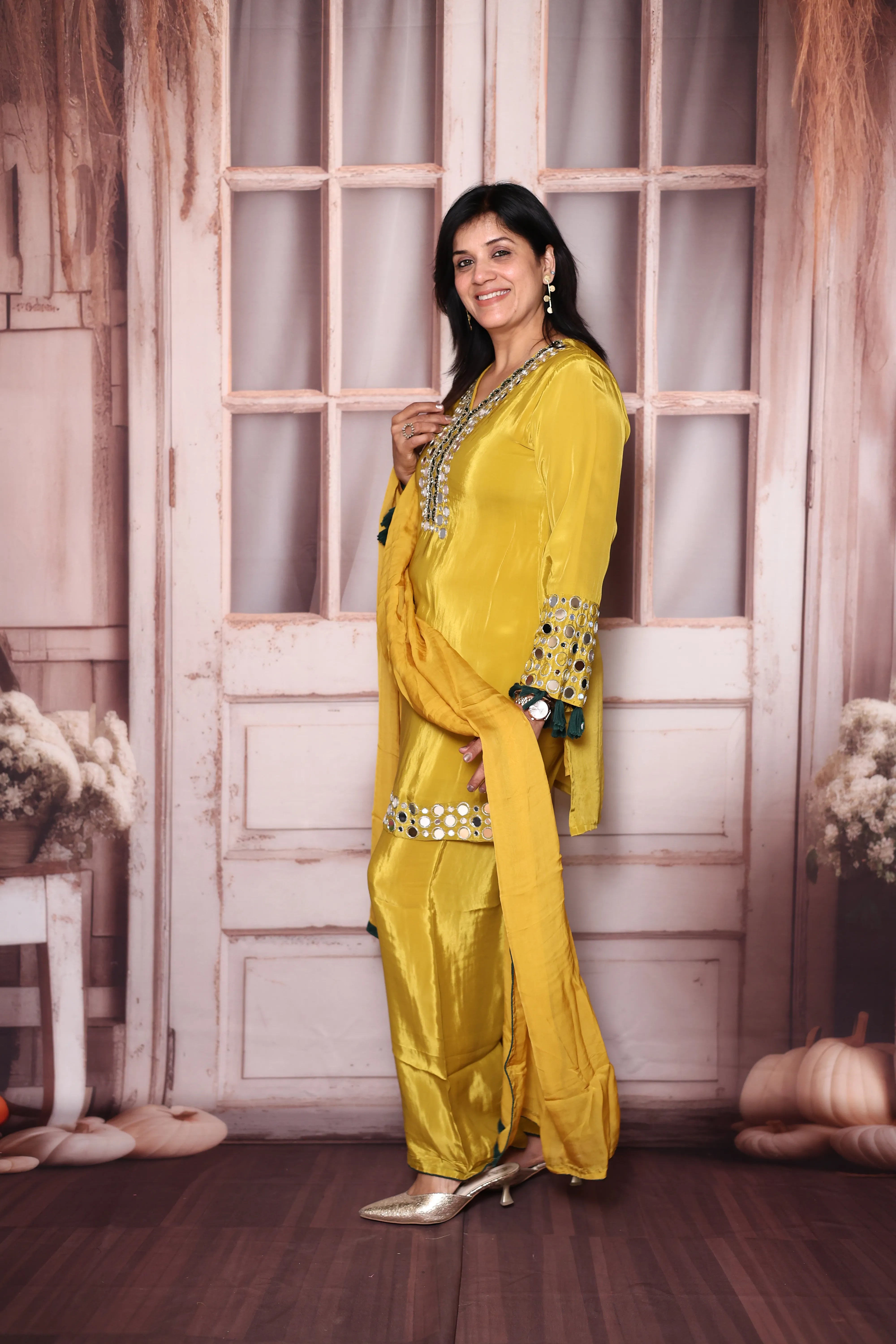 Golden Yellow Real Mirror Work Pure Crepe Palazzo Dupatta Set | Premium Festive & Wedding Wear