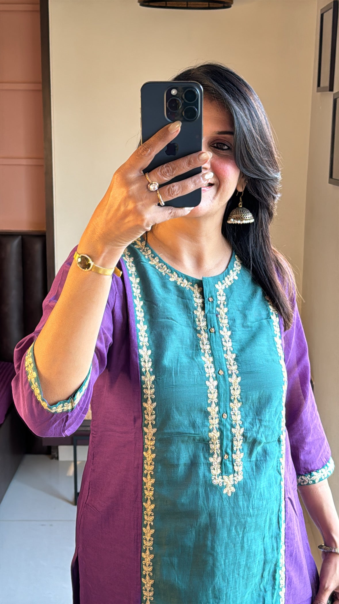 Purple & Green Colour-Block Straight Kurta Pant & Dupatta Set | Banarasi Mul Chanderi