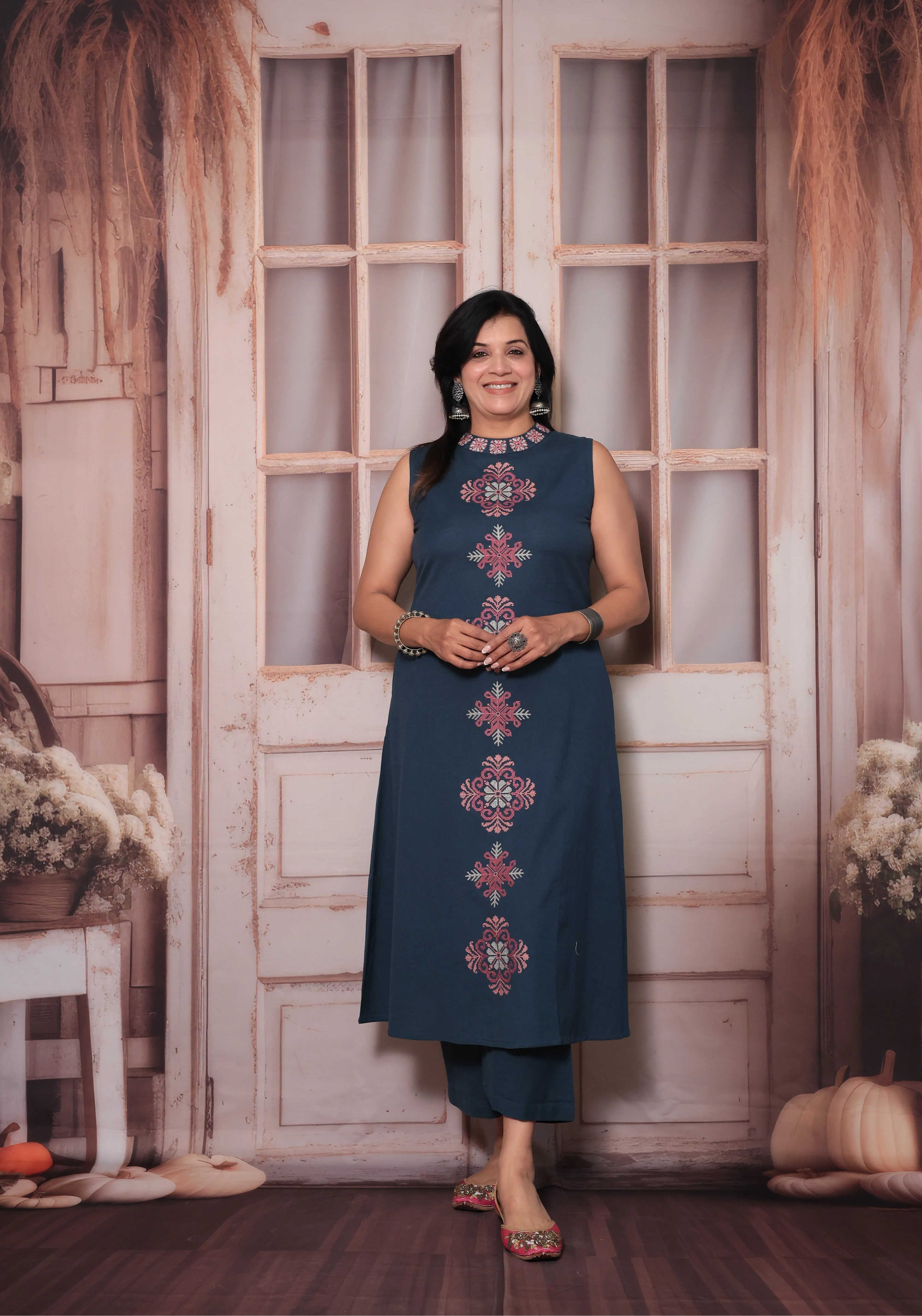 Dark Teal Sleeveless Floral Embroidered Kurta Pant Set | Attached Sleeves Design