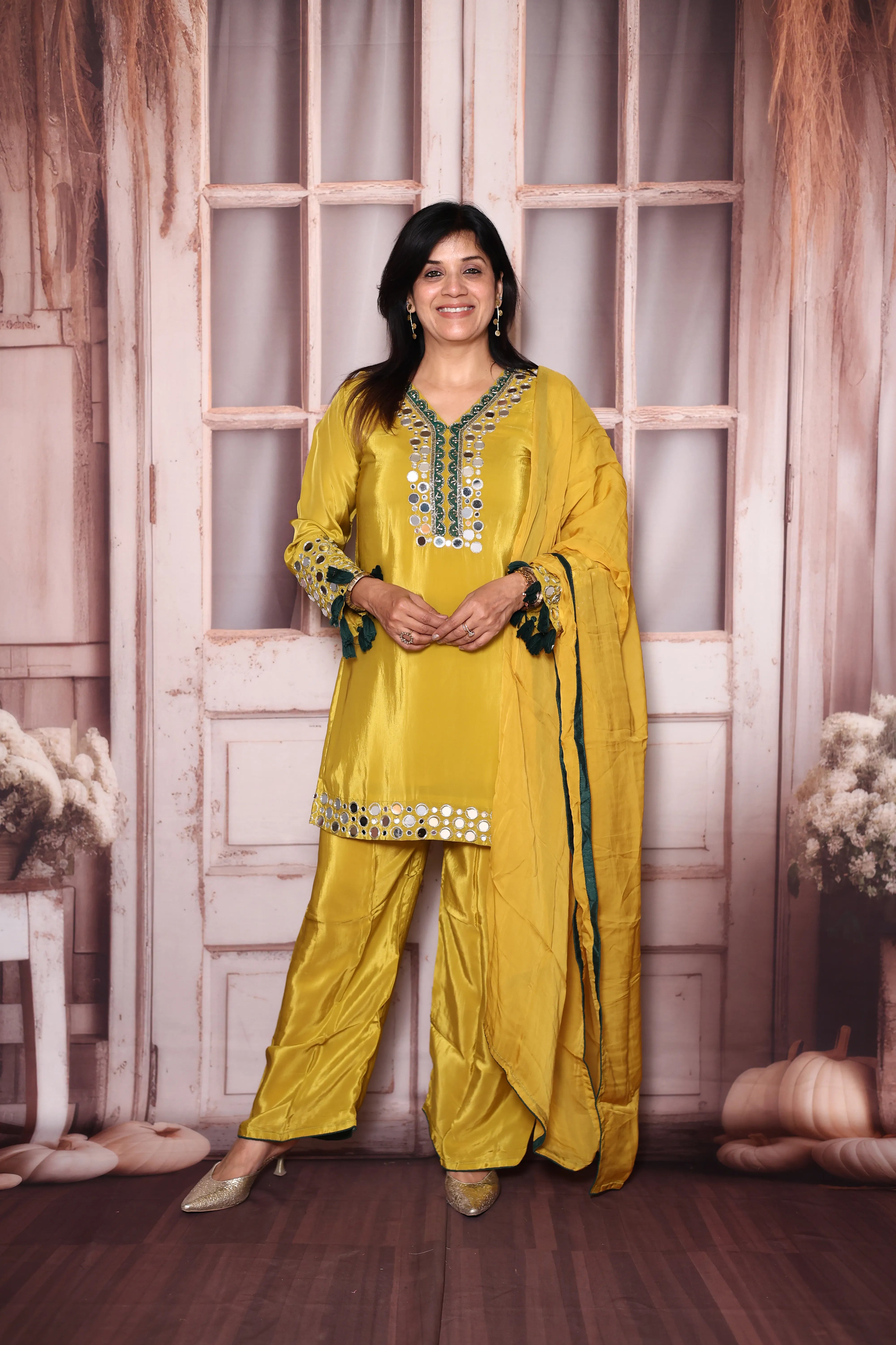 Golden Yellow Real Mirror Work Pure Crepe Palazzo Dupatta Set | Premium Festive & Wedding Wear