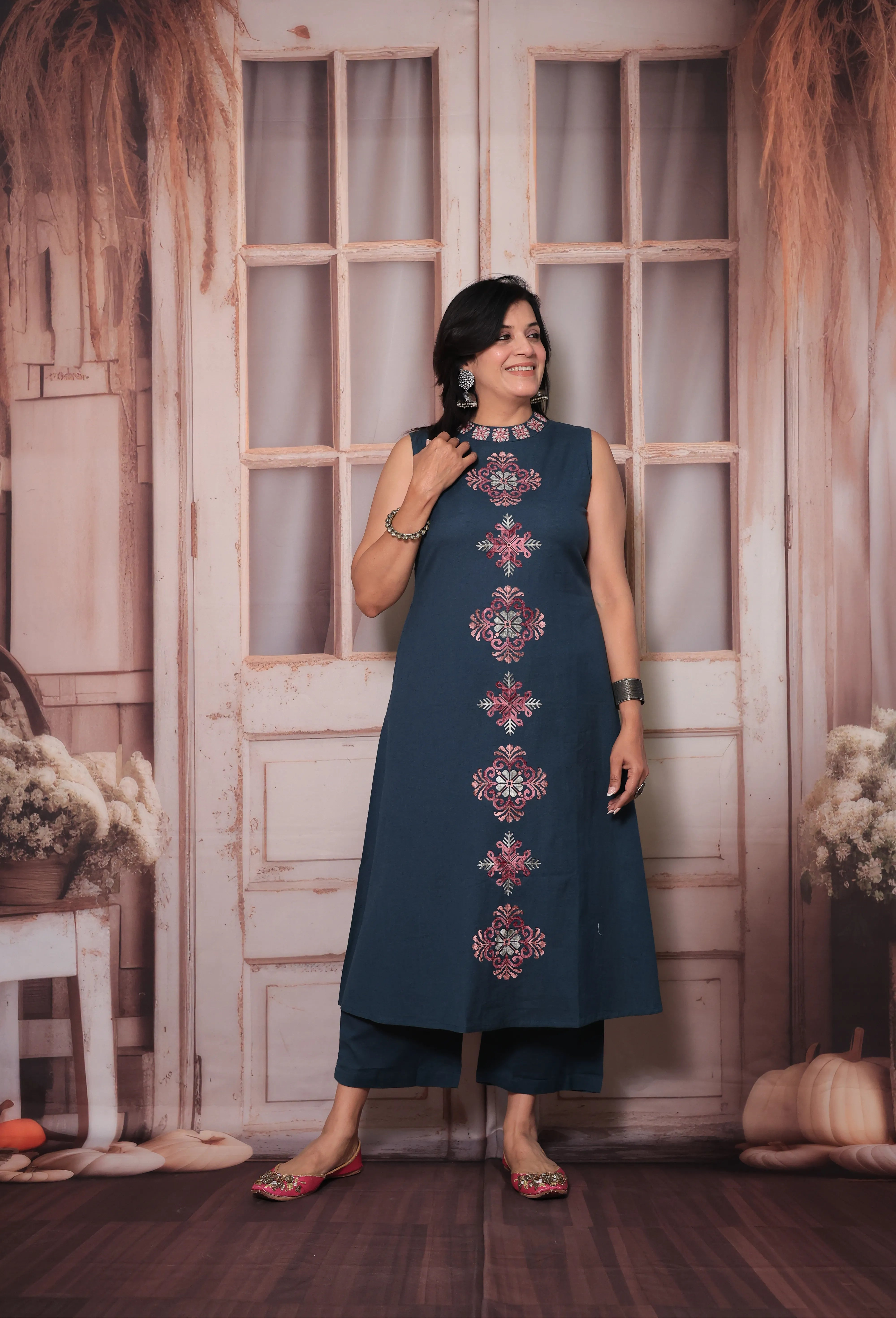 Dark Teal Sleeveless Floral Embroidered Kurta Pant Set | Attached Sleeves Design