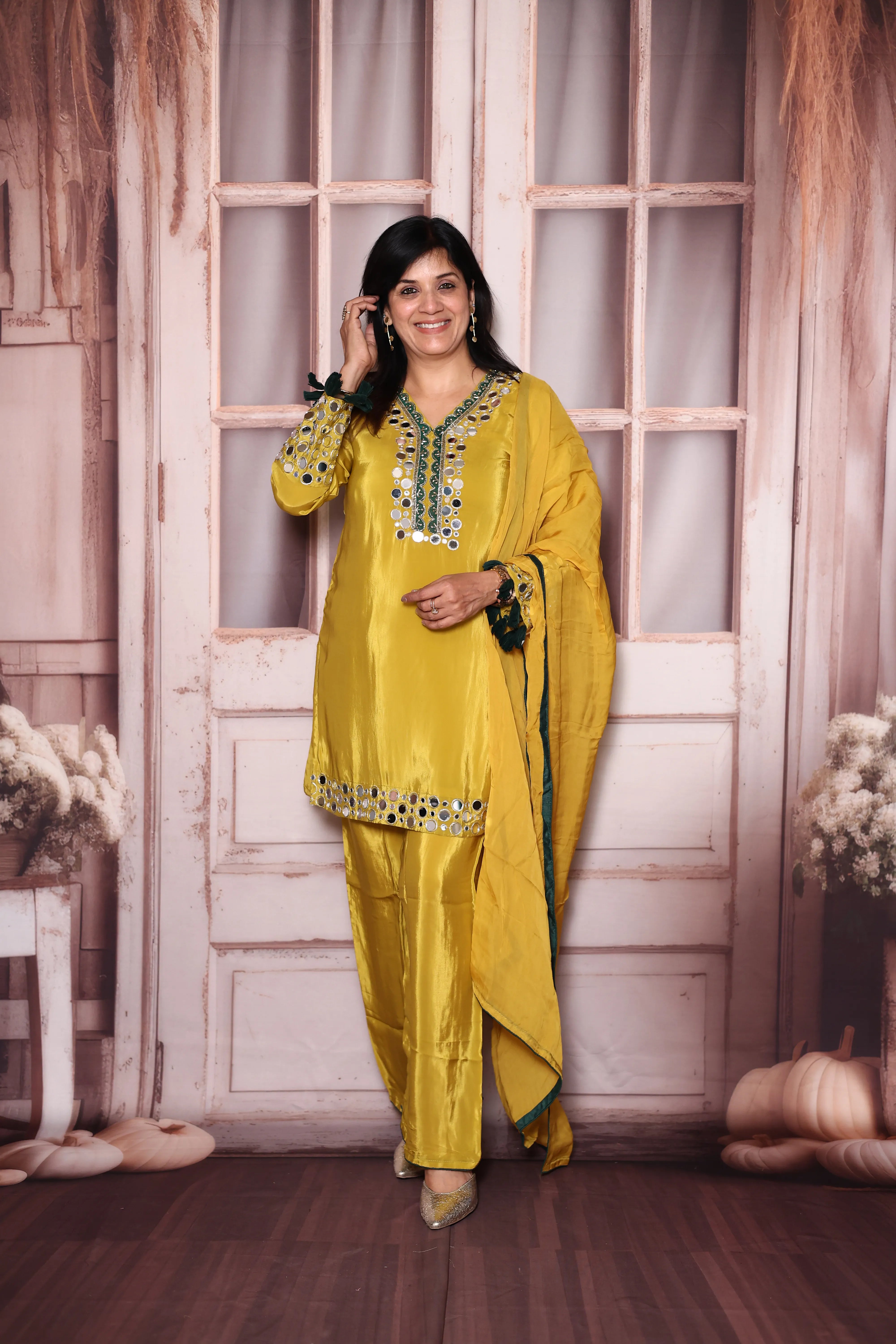Golden Yellow Real Mirror Work Pure Crepe Palazzo Dupatta Set | Premium Festive & Wedding Wear