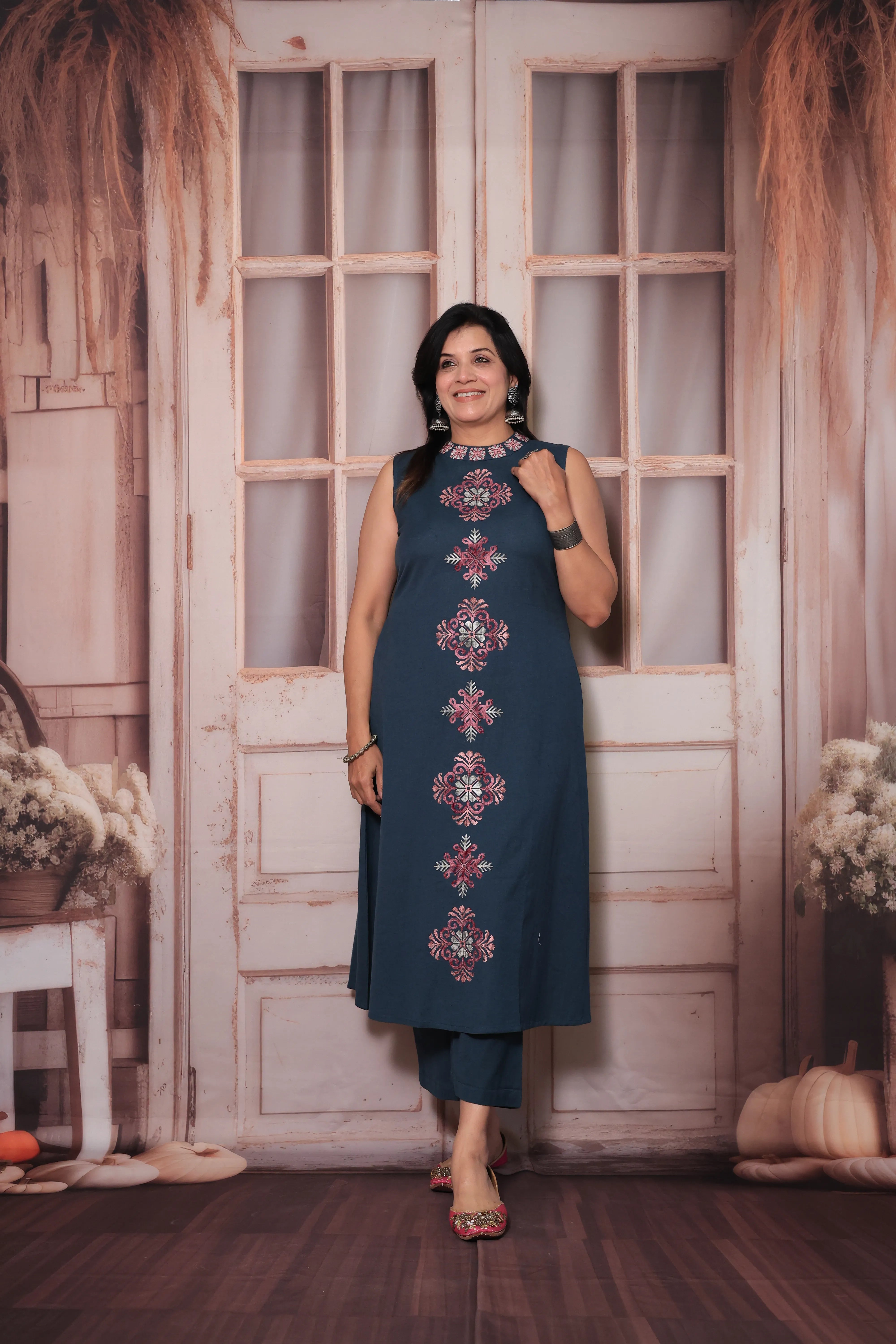 Dark Teal Sleeveless Floral Embroidered Kurta Pant Set | Attached Sleeves Design