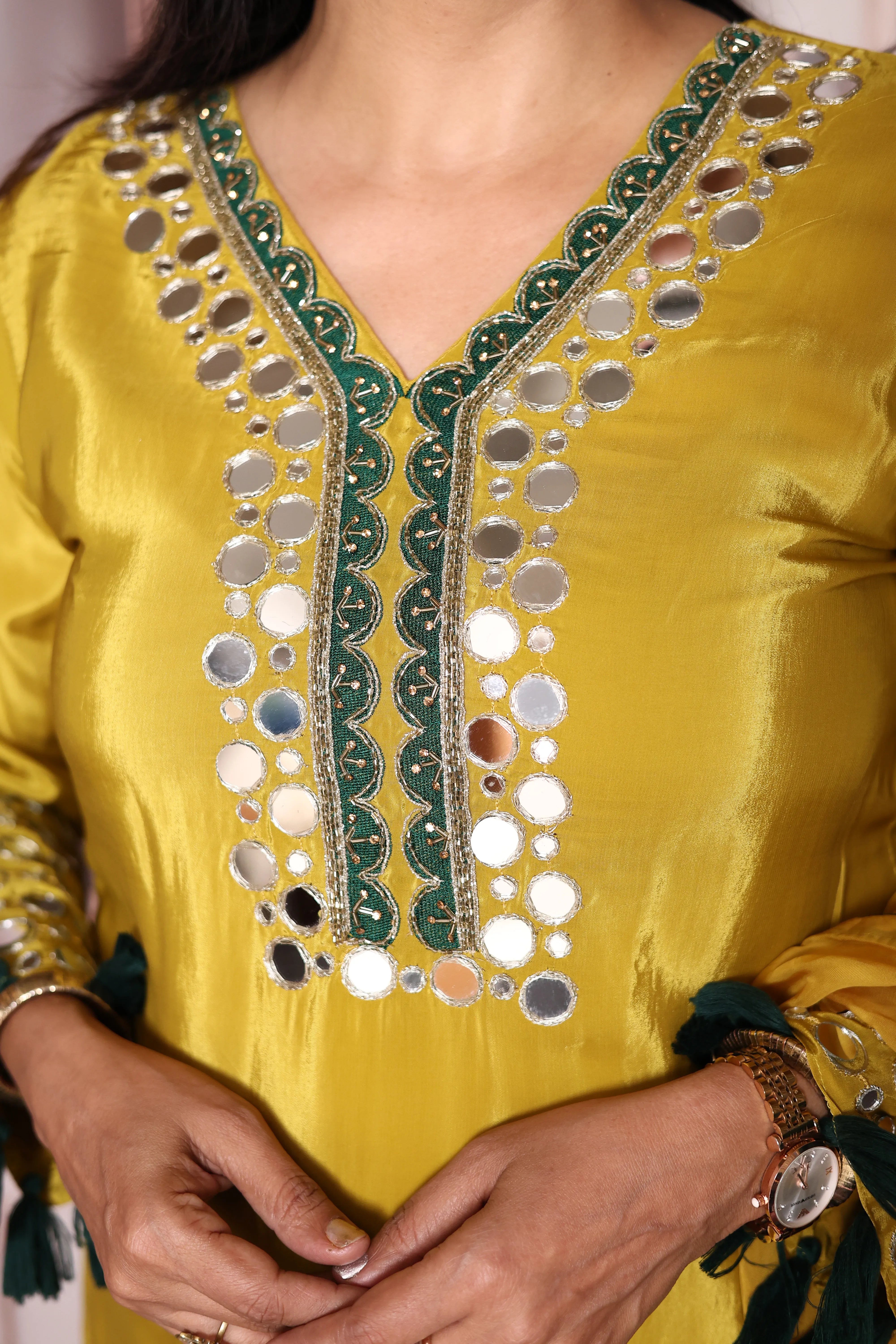 Golden Yellow Real Mirror Work Pure Crepe Palazzo Dupatta Set | Premium Festive & Wedding Wear