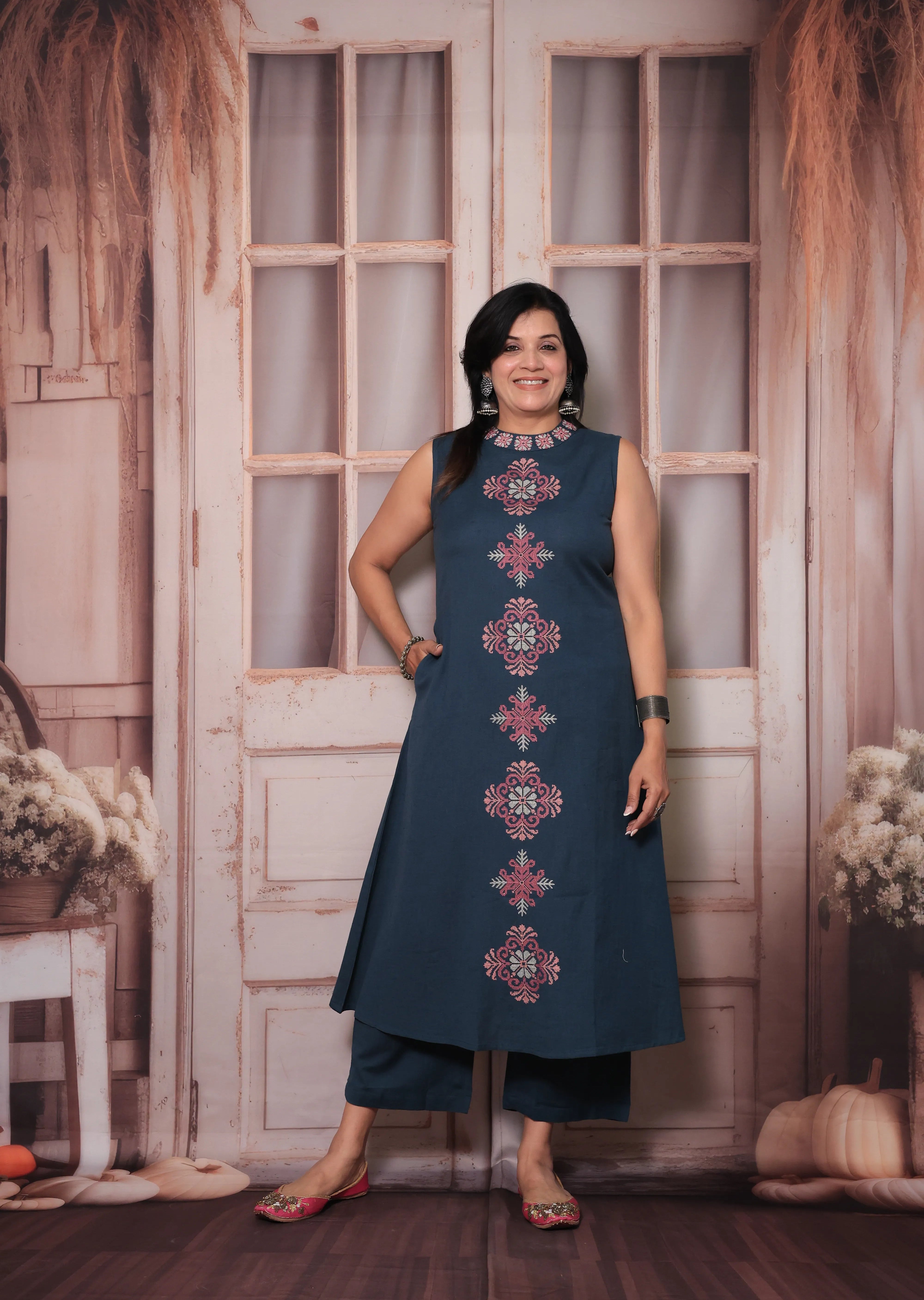 Dark Teal Sleeveless Floral Embroidered Kurta Pant Set | Attached Sleeves Design