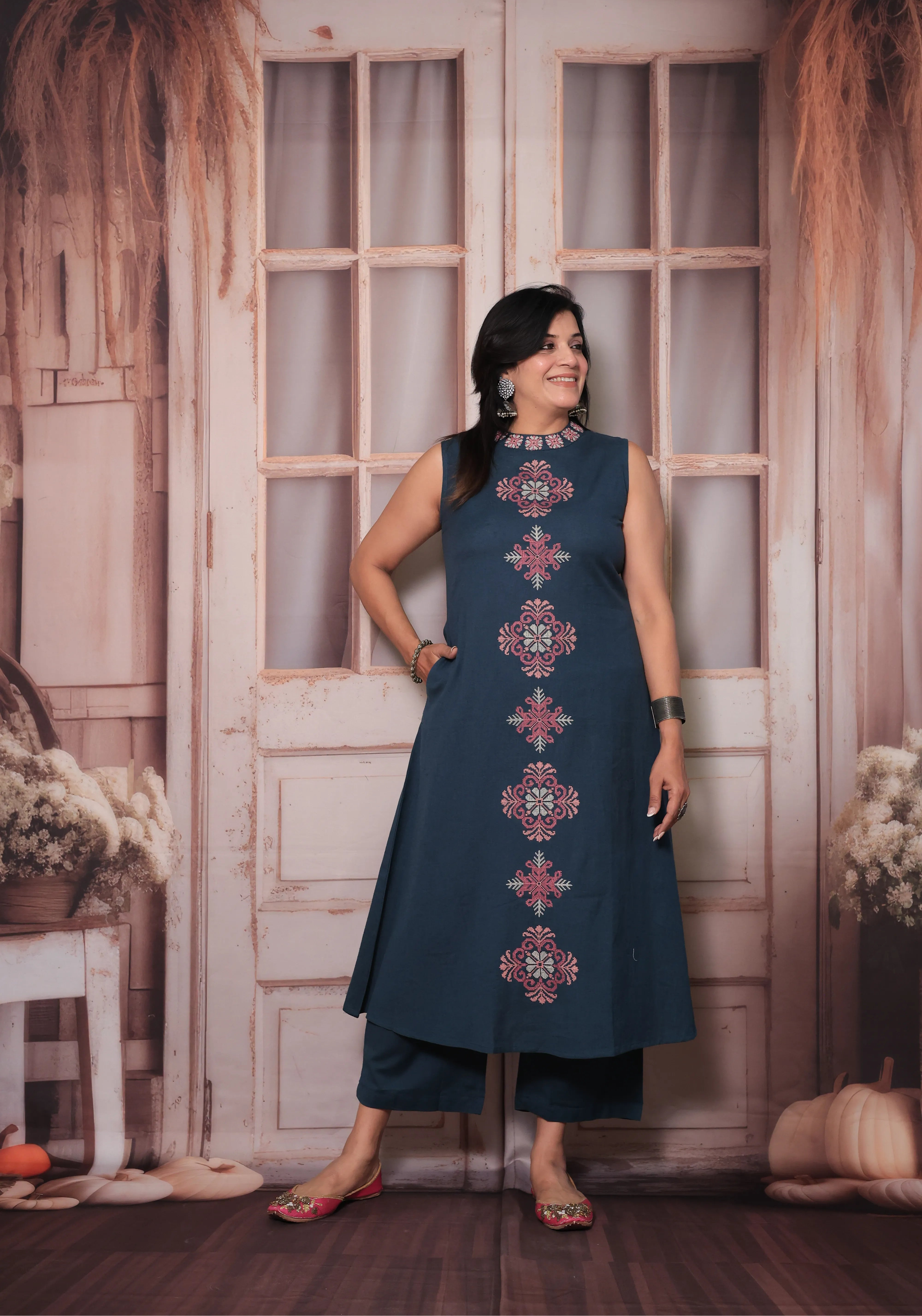 Dark Teal Sleeveless Floral Embroidered Kurta Pant Set | Attached Sleeves Design