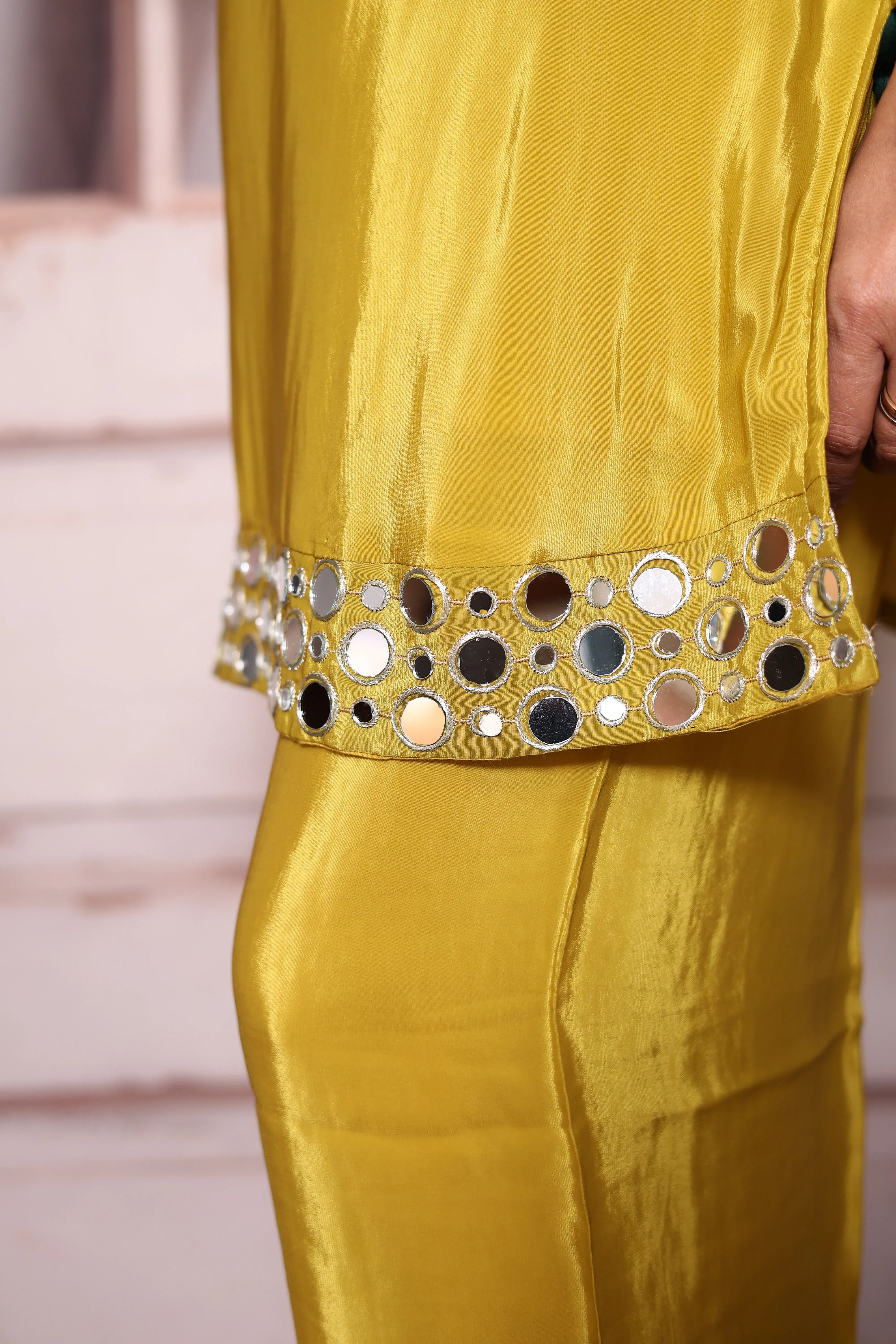 Golden Yellow Real Mirror Work Pure Crepe Palazzo Dupatta Set | Premium Festive & Wedding Wear