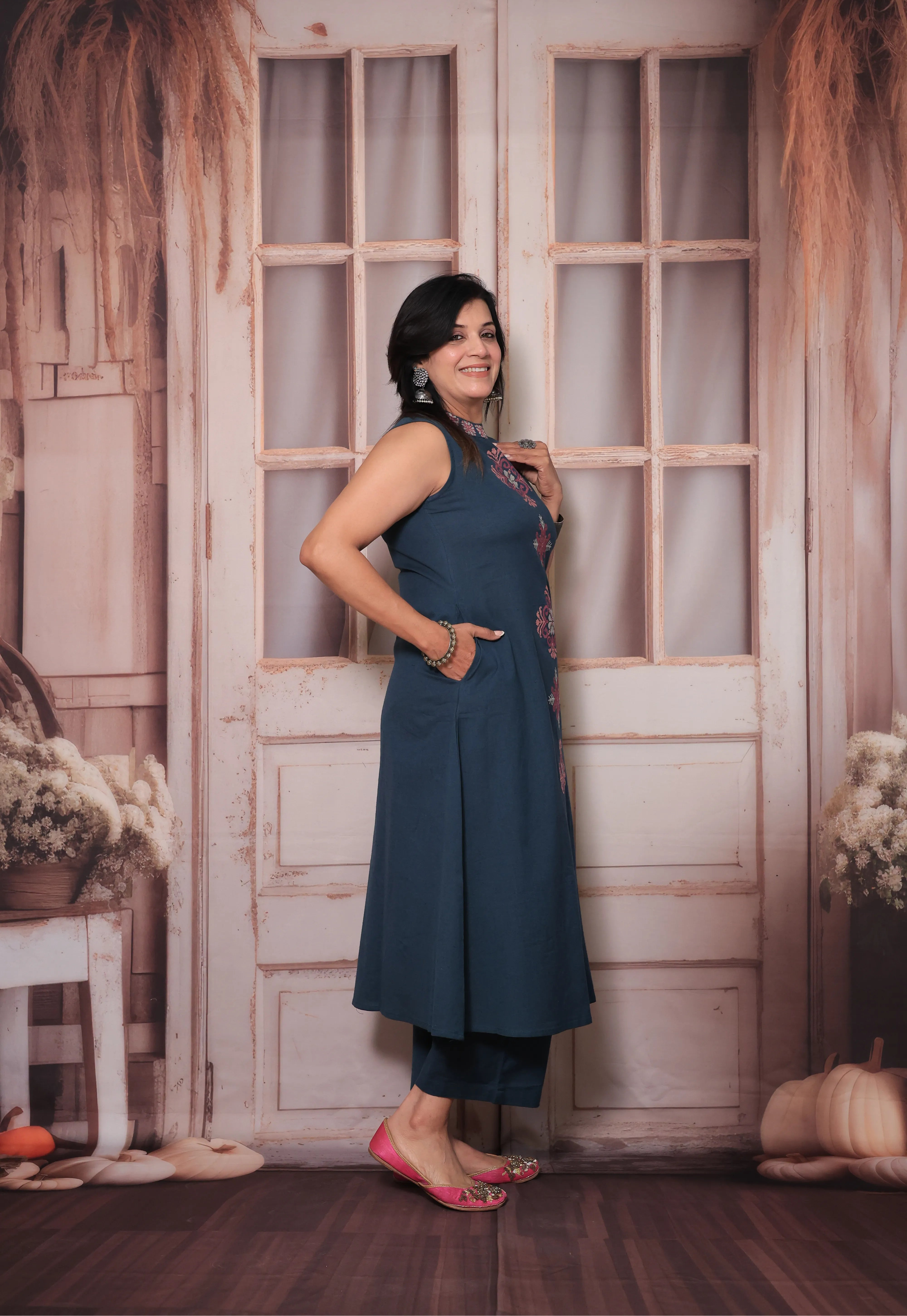 Dark Teal Sleeveless Floral Embroidered Kurta Pant Set | Attached Sleeves Design
