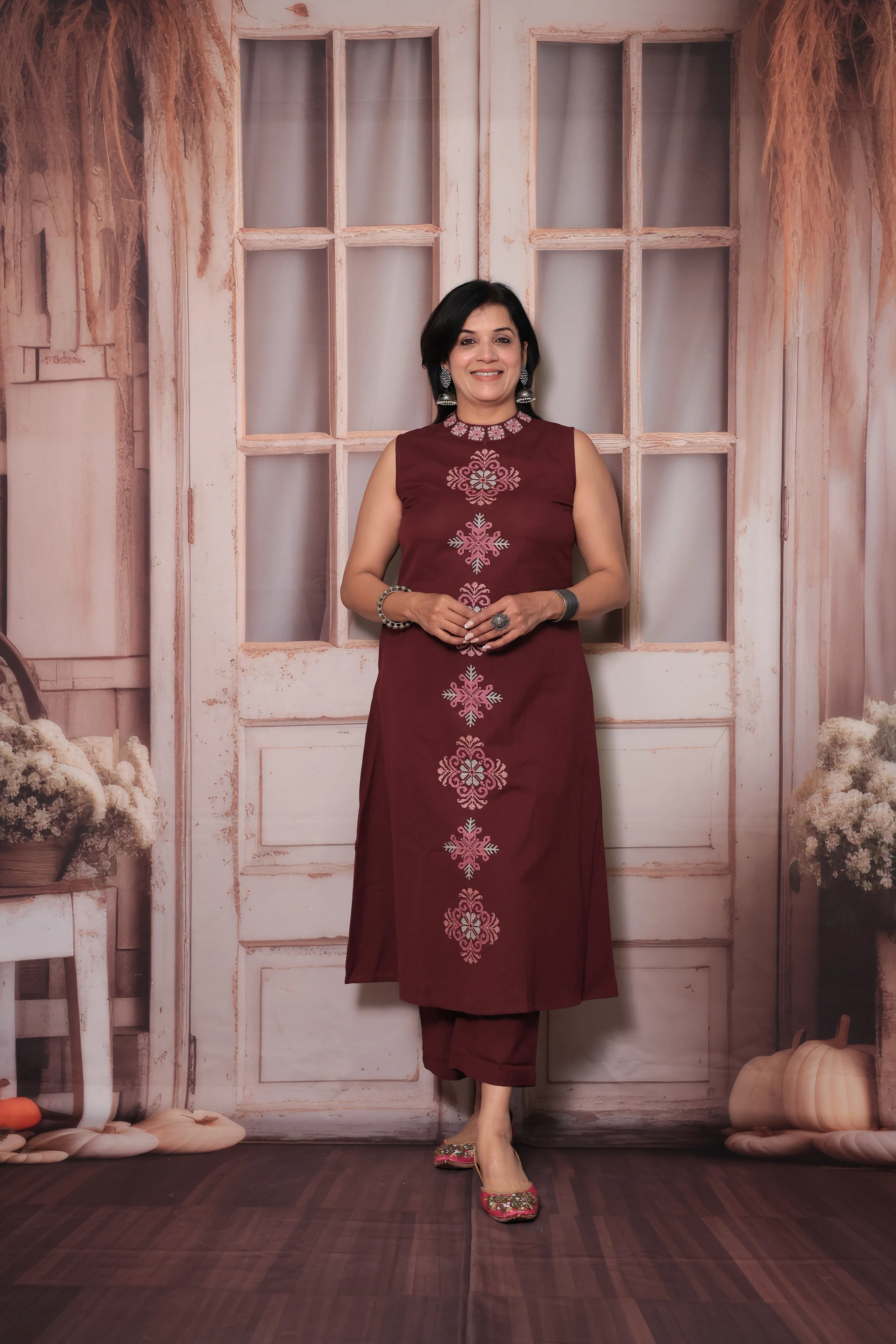 Velvet Cherry Sleeveless Floral Embroidered Kurta Pant Set | Attached Sleeves Design