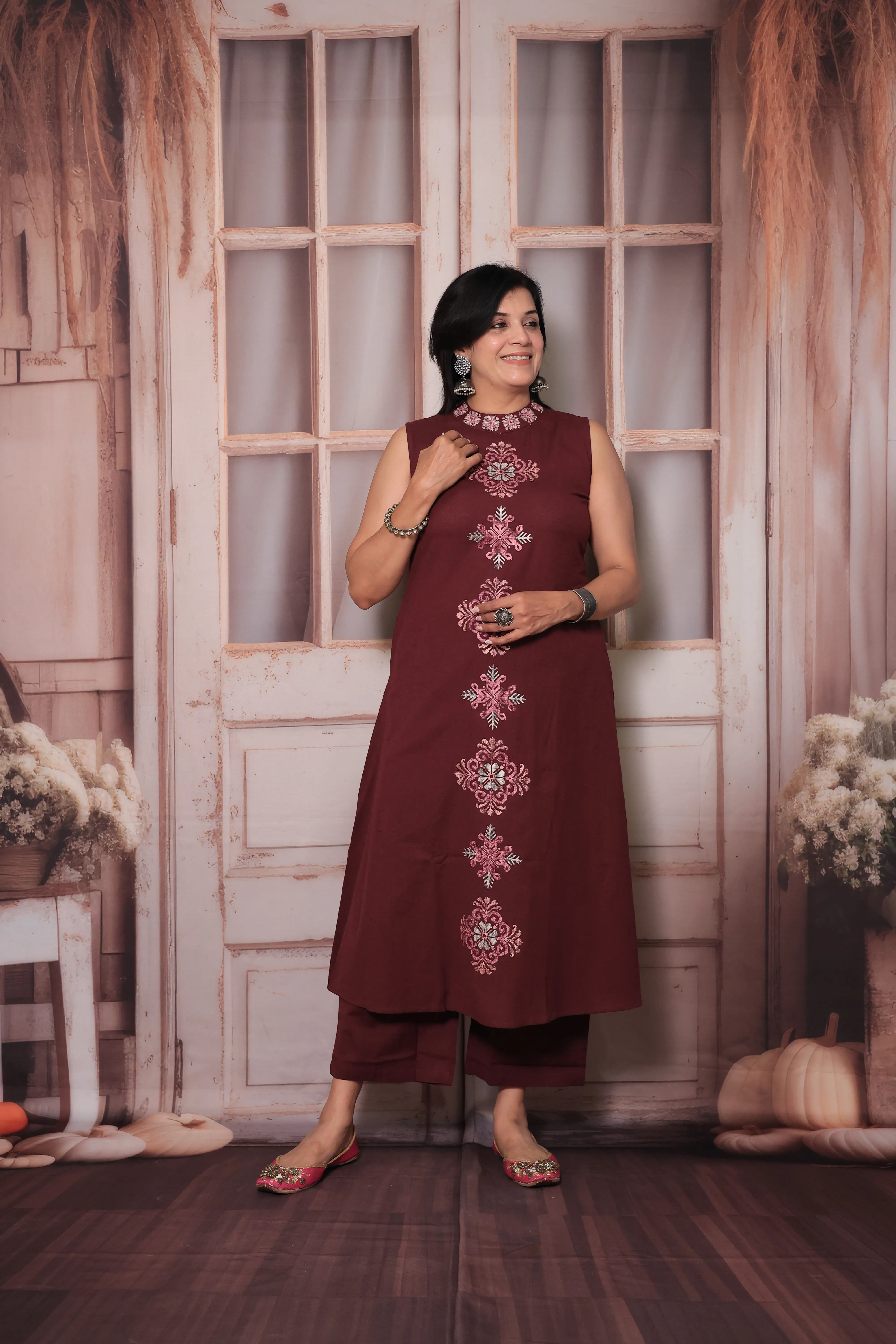 Velvet Cherry Sleeveless Floral Embroidered Kurta Pant Set | Attached Sleeves Design