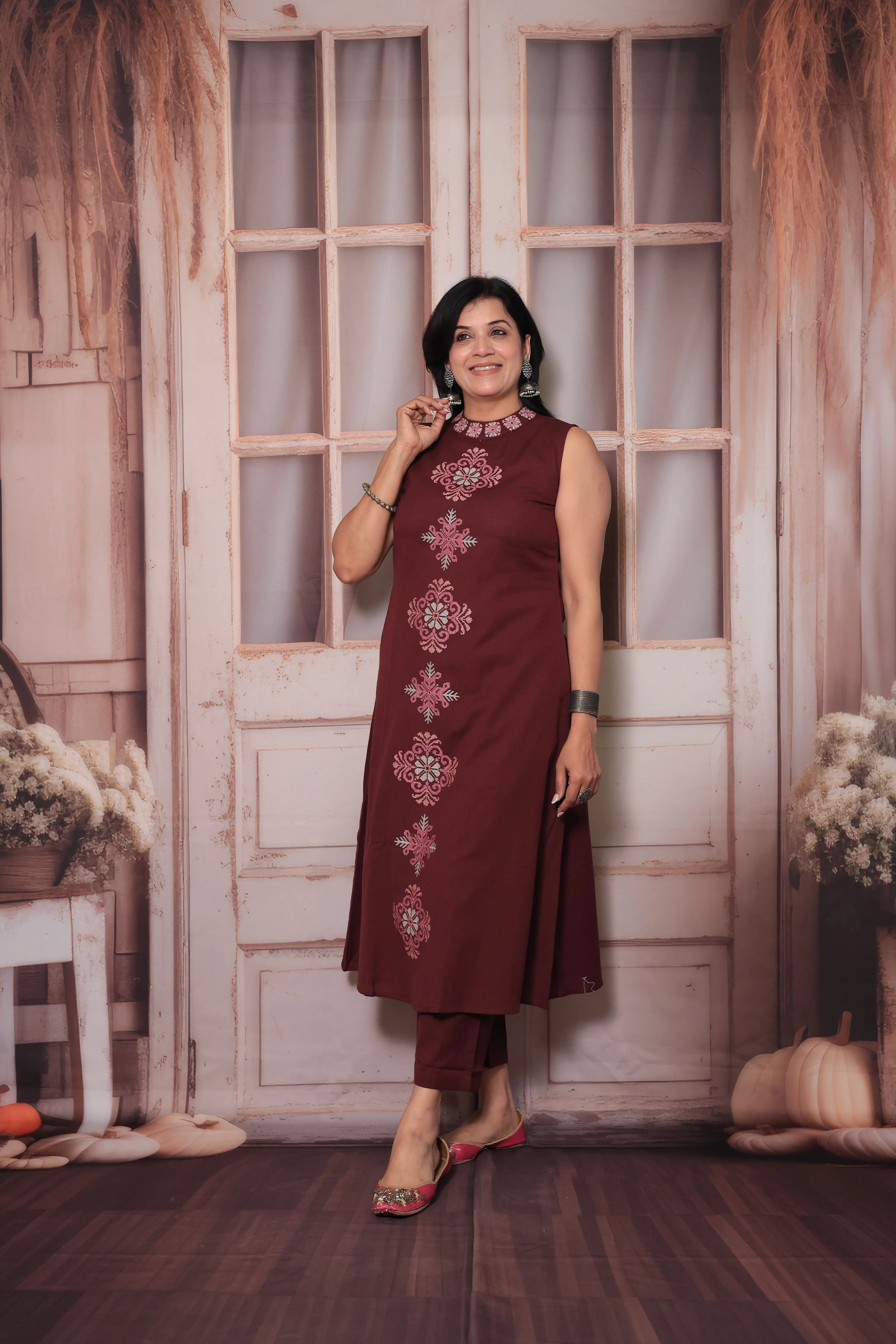 Velvet Cherry Sleeveless Floral Embroidered Kurta Pant Set | Attached Sleeves Design