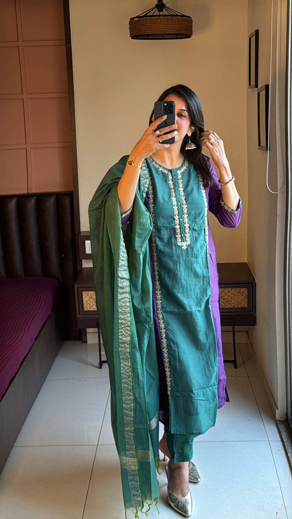 Purple & Green Colour-Block Straight Kurta Pant & Dupatta Set | Banarasi Mul Chanderi