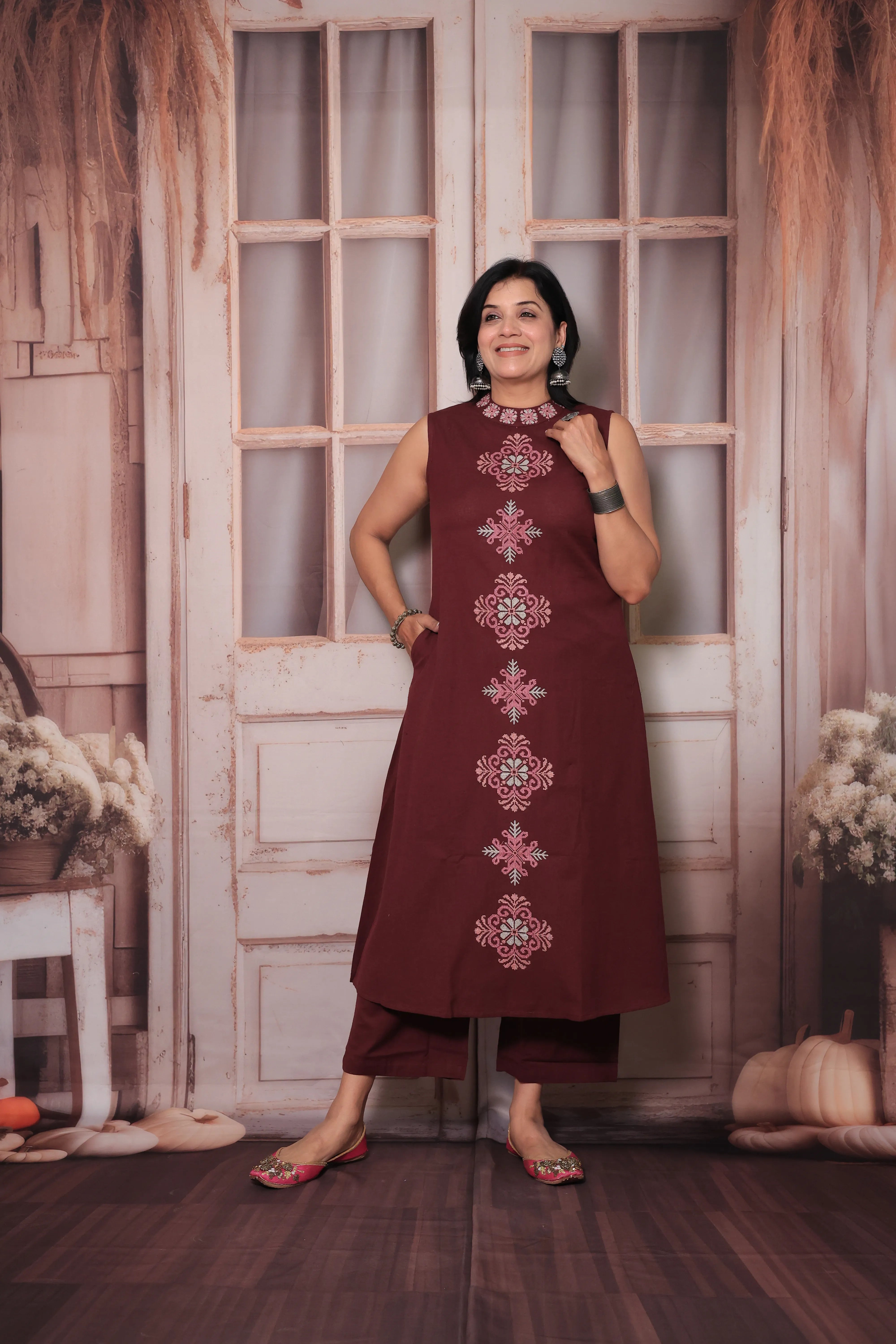 Velvet Cherry Sleeveless Floral Embroidered Kurta Pant Set | Attached Sleeves Design