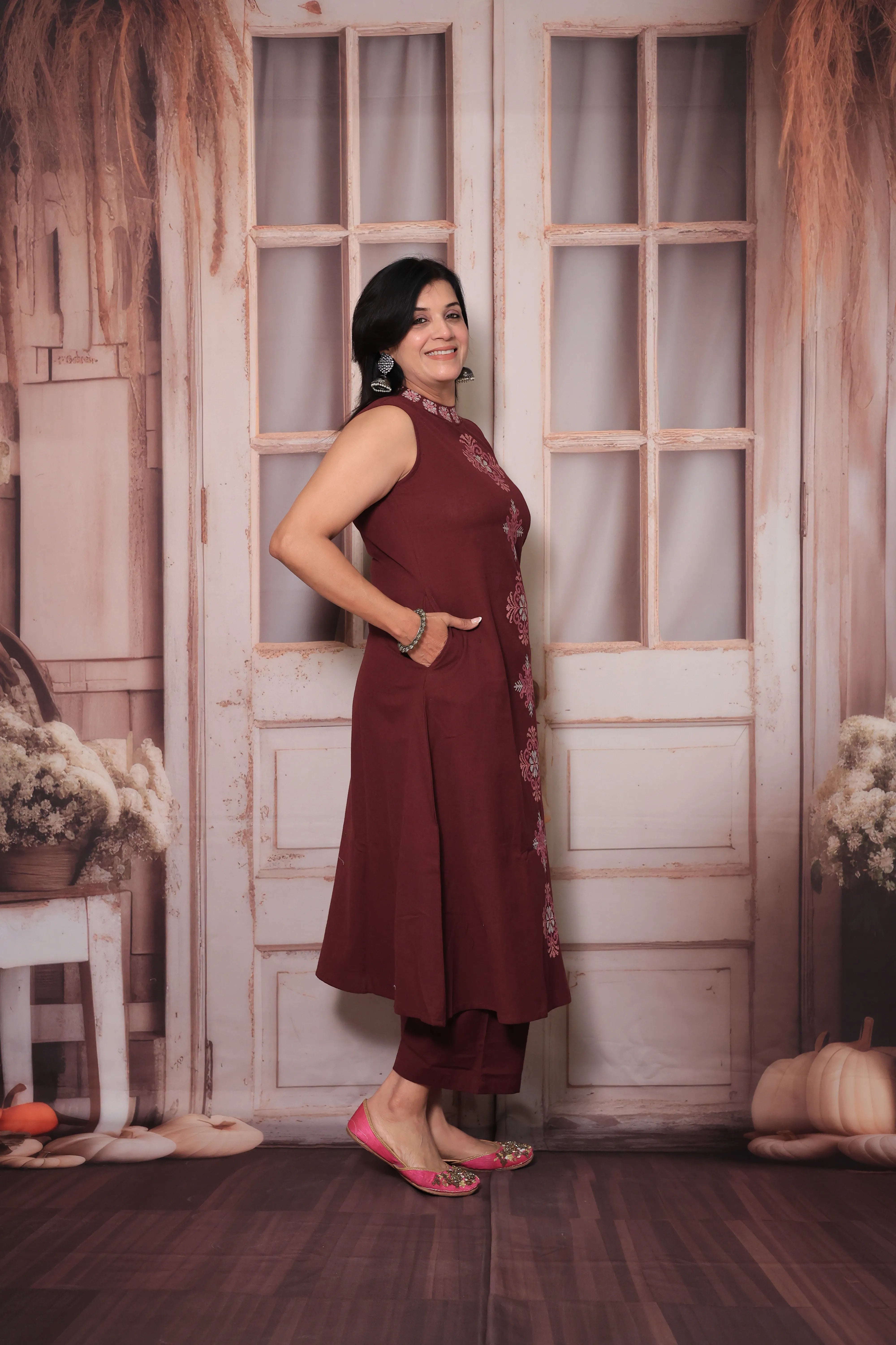 Velvet Cherry Sleeveless Floral Embroidered Kurta Pant Set | Attached Sleeves Design