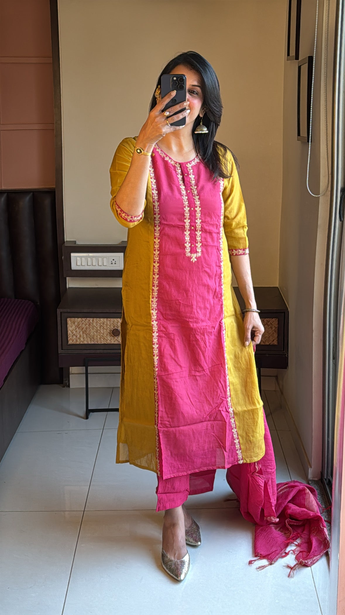 Yellow & Pink Colour-Block Straight Kurta Pant & Dupatta Set | Banarasi Mul Chanderi