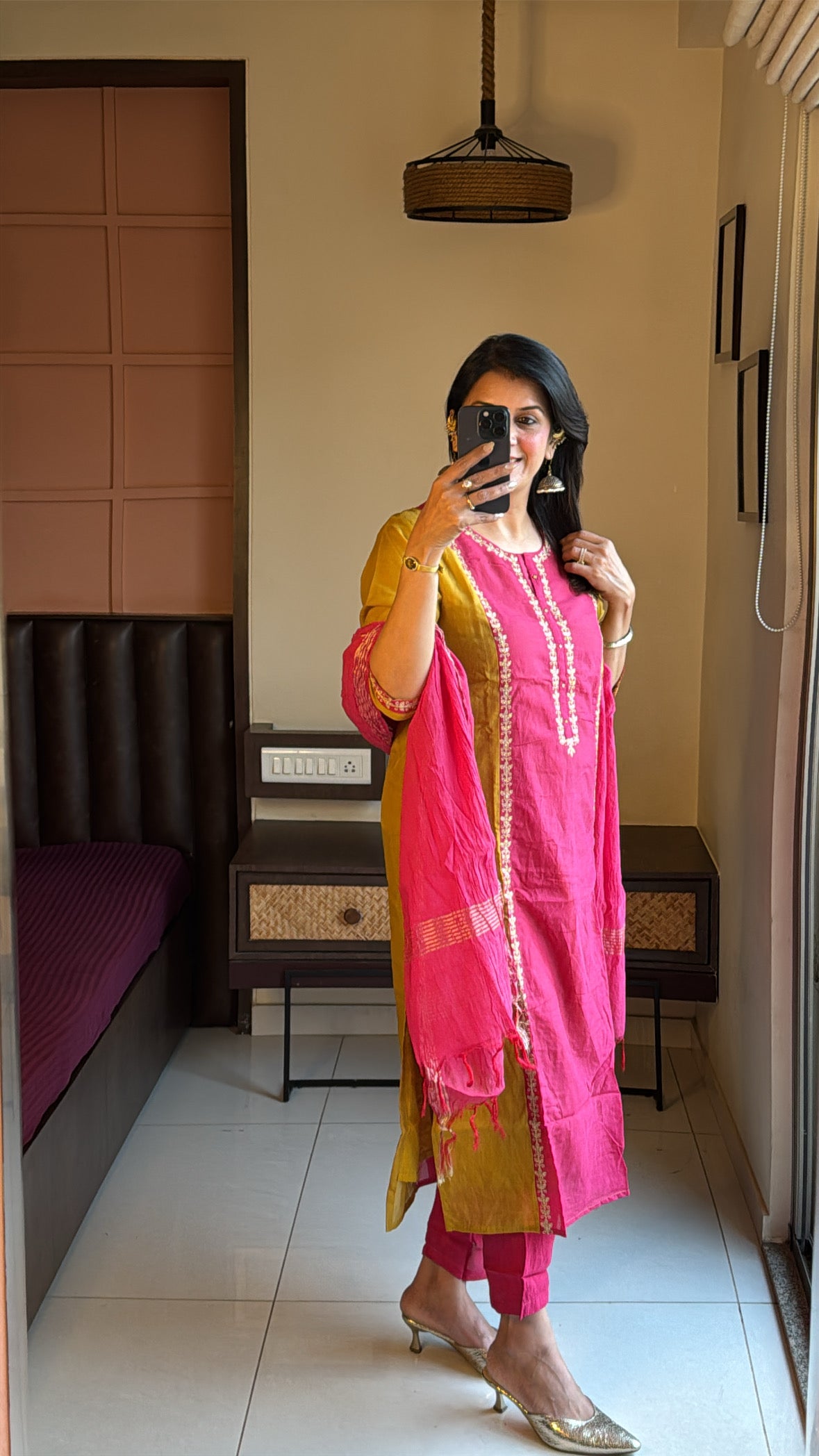 Yellow & Pink Colour-Block Straight Kurta Pant & Dupatta Set | Banarasi Mul Chanderi