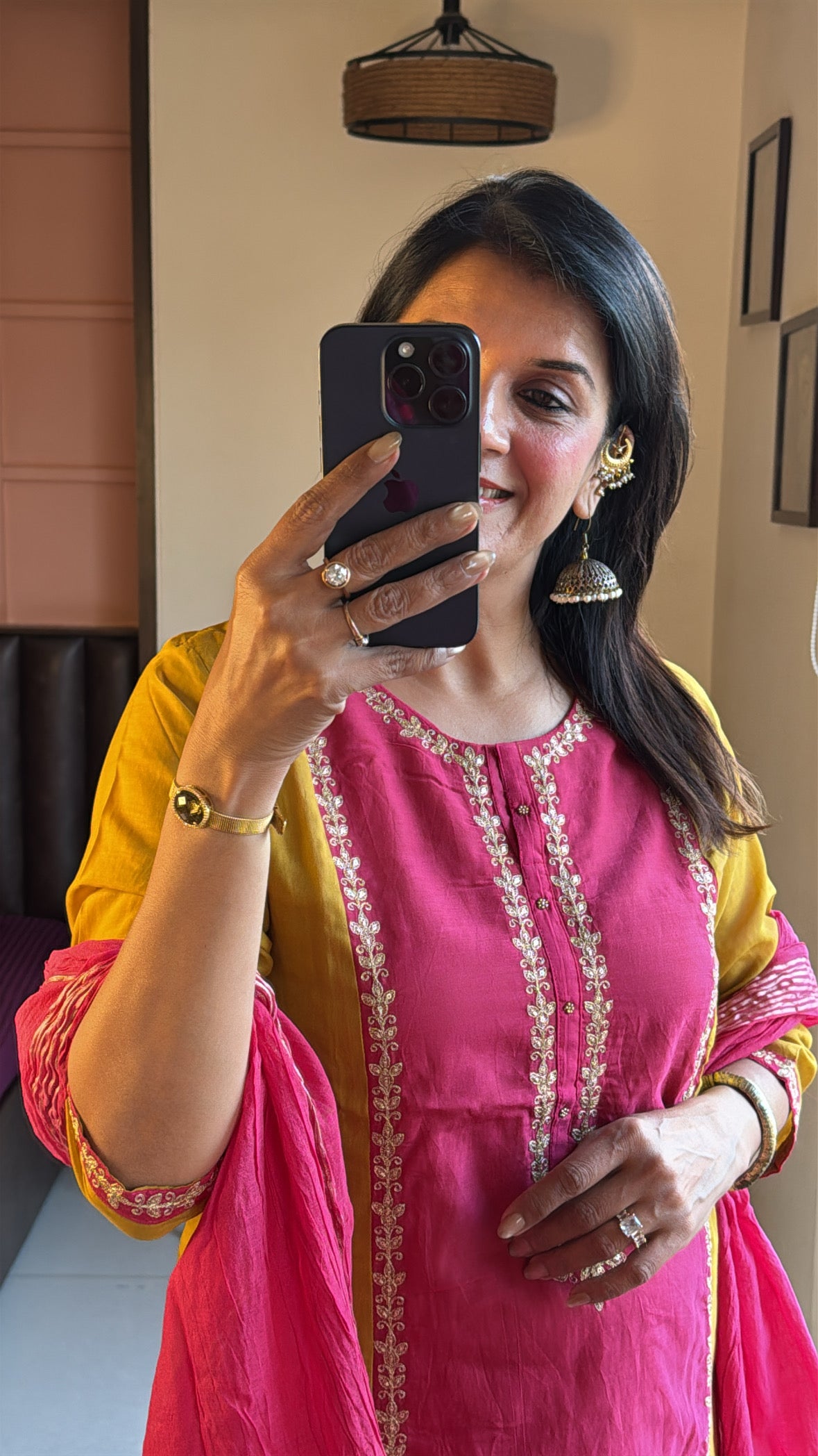 Yellow & Pink Colour-Block Straight Kurta Pant & Dupatta Set | Banarasi Mul Chanderi