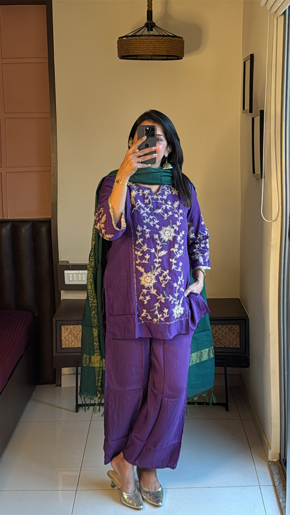 Royal Purple & Green Embroidered Short Kurta Palazzo Set with Dupatta |  Mul Chanderi