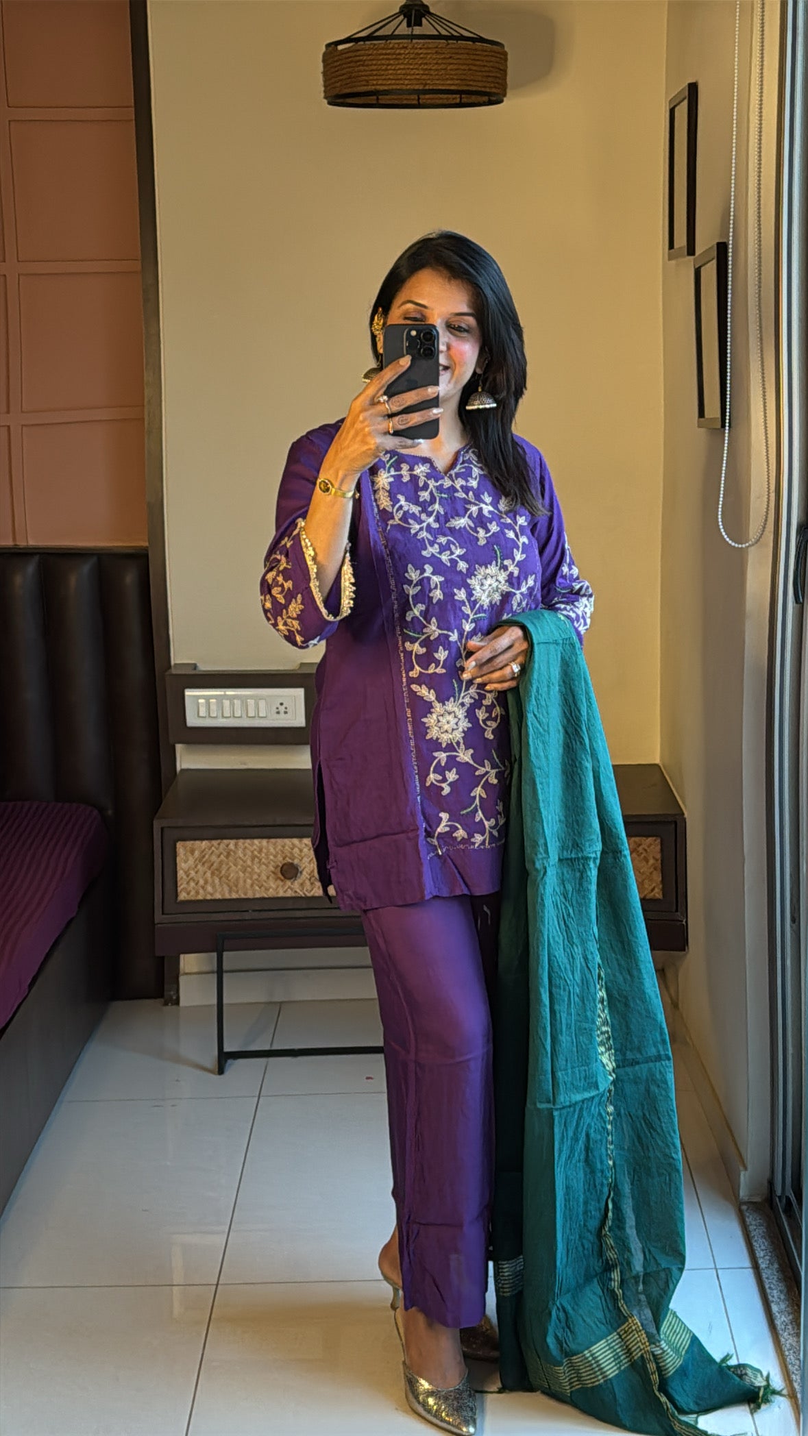 Royal Purple & Green Embroidered Short Kurta Palazzo Set with Dupatta |  Mul Chanderi