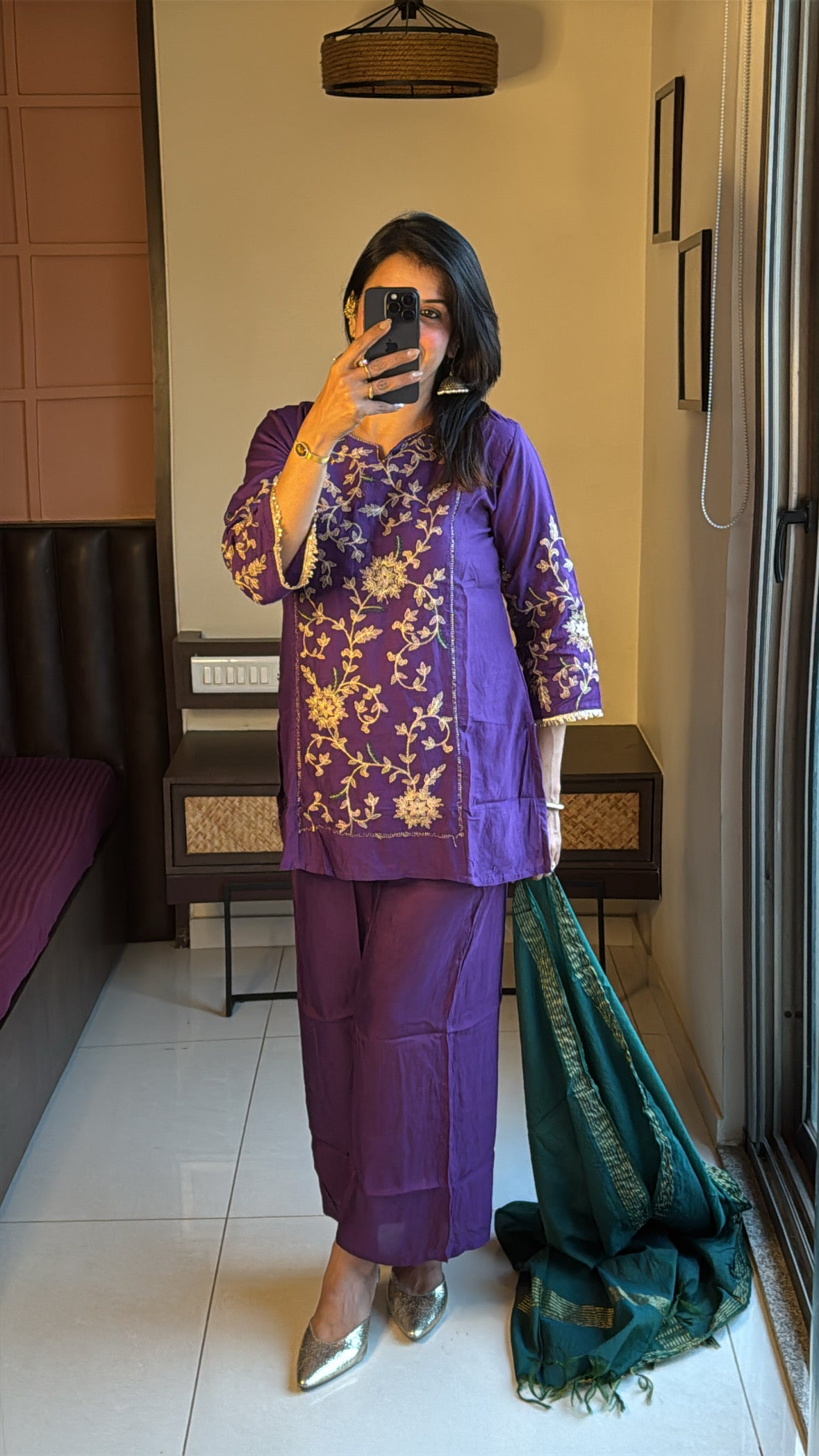 Royal Purple & Green Embroidered Short Kurta Palazzo Set with Dupatta |  Mul Chanderi