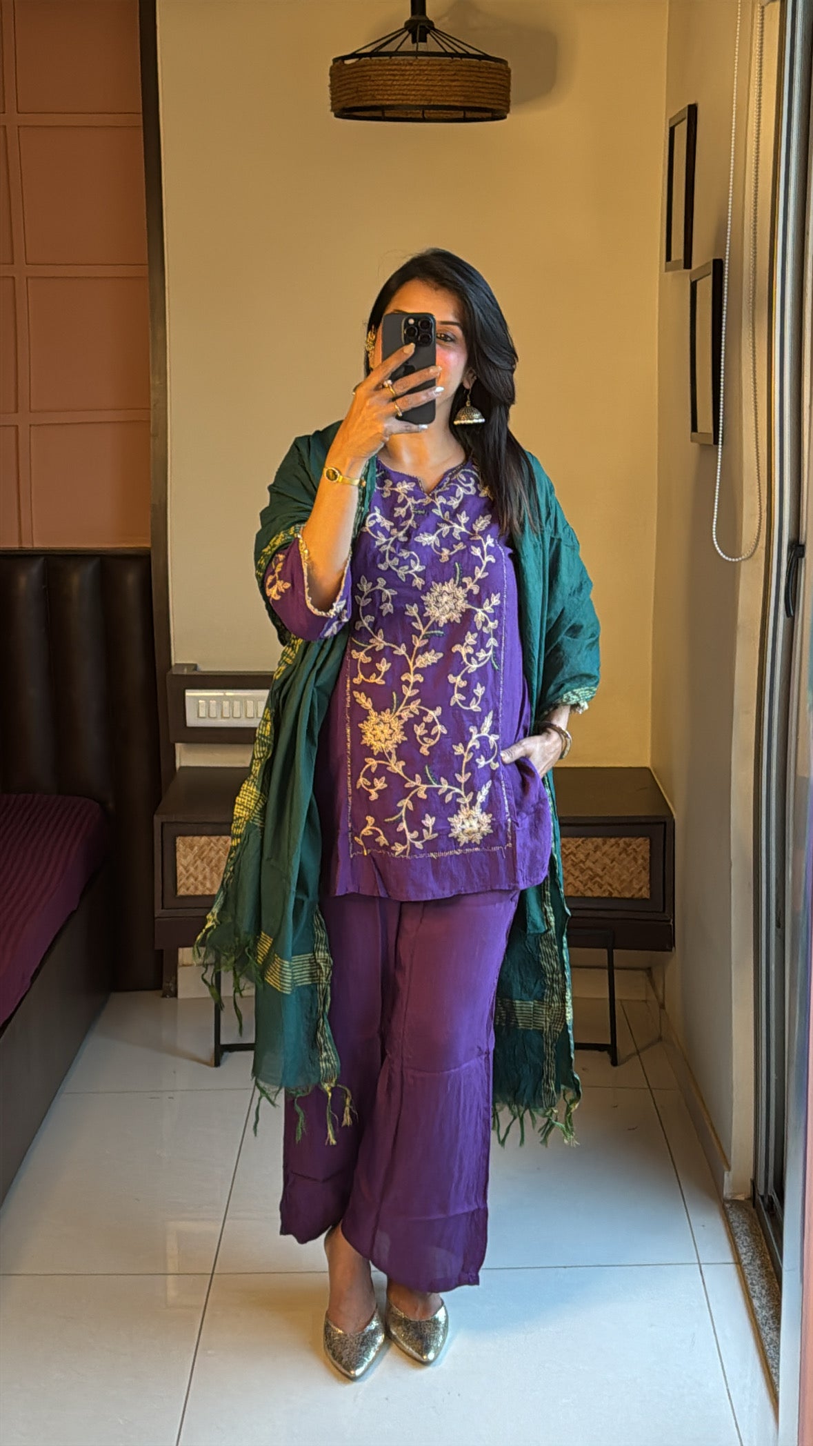 Royal Purple & Green Embroidered Short Kurta Palazzo Set with Dupatta |  Mul Chanderi