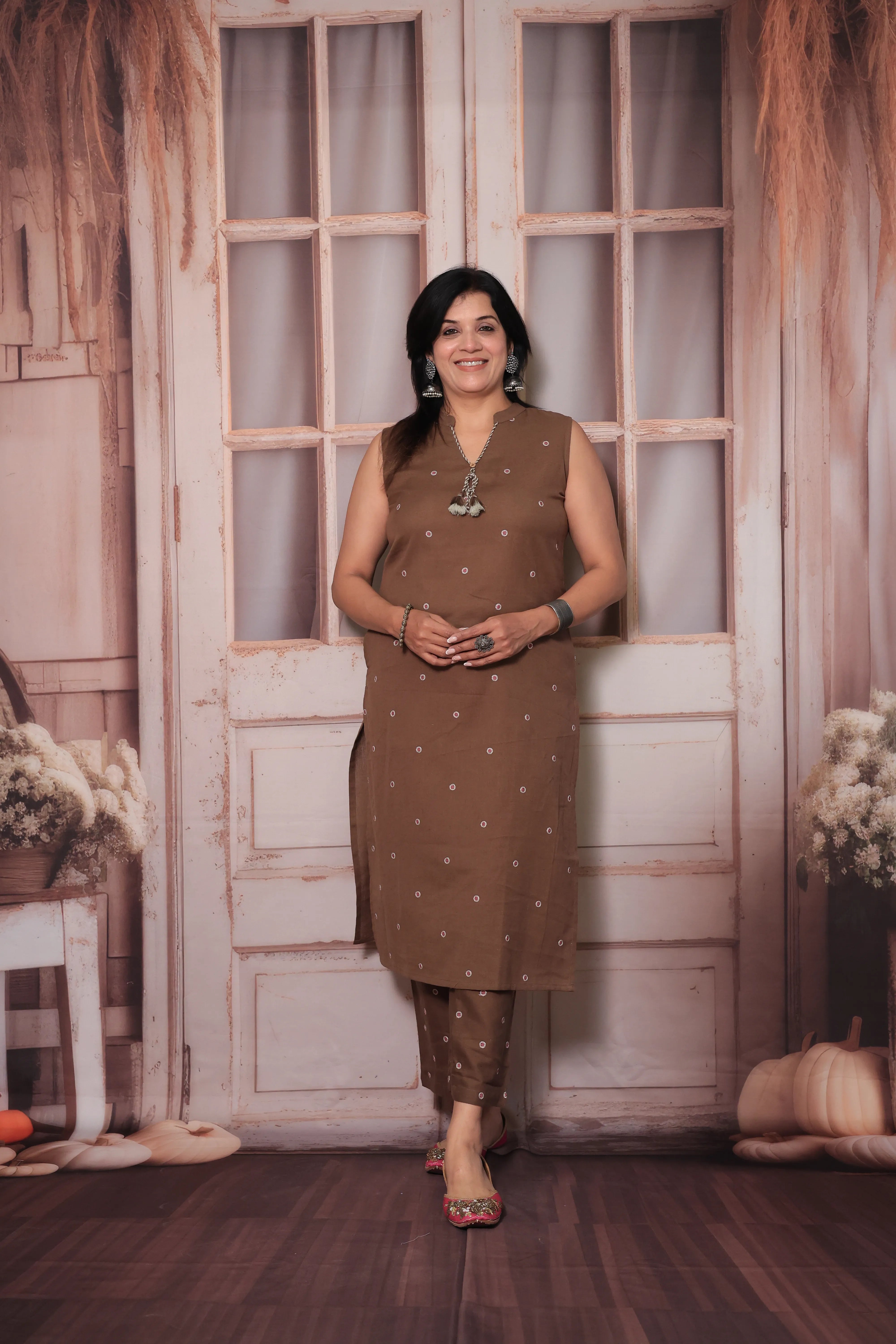 Brown Sleeveless Embroidered Kurta with Trousers Co-Ord Set | Versatile Attached Sleeves