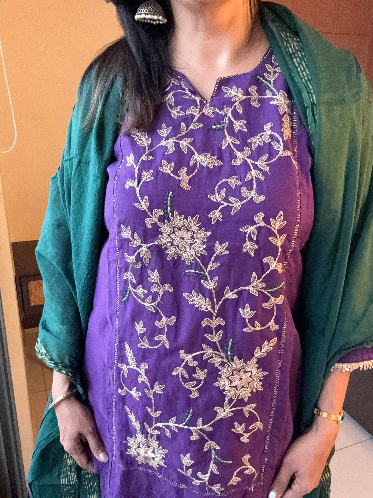 Royal Purple & Green Embroidered Short Kurta Palazzo Set with Dupatta |  Mul Chanderi