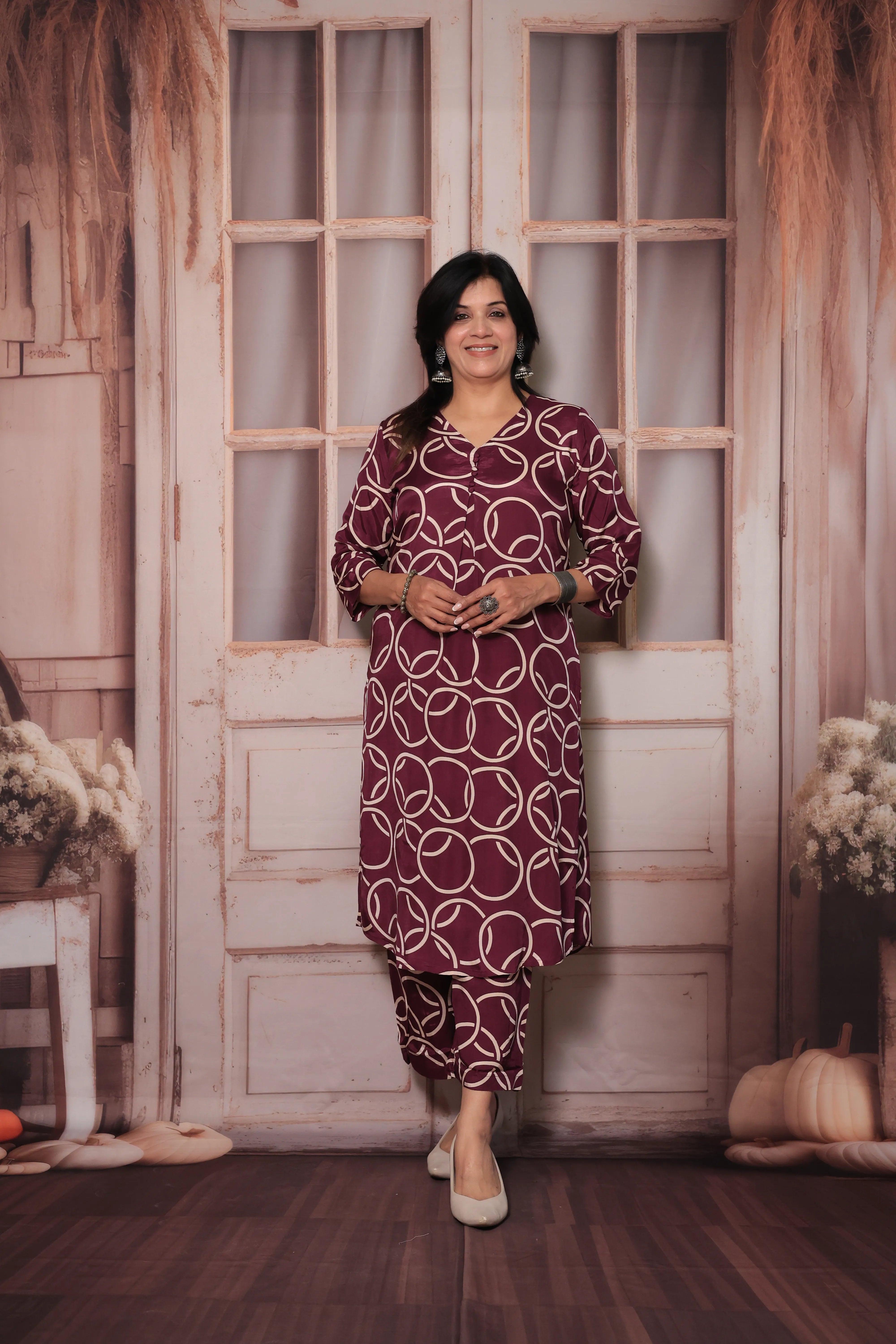 Wine Straight Kurta Pant Co-Ord Set | Traditional Circle Print | Muslin Fabric Ethnic Wear