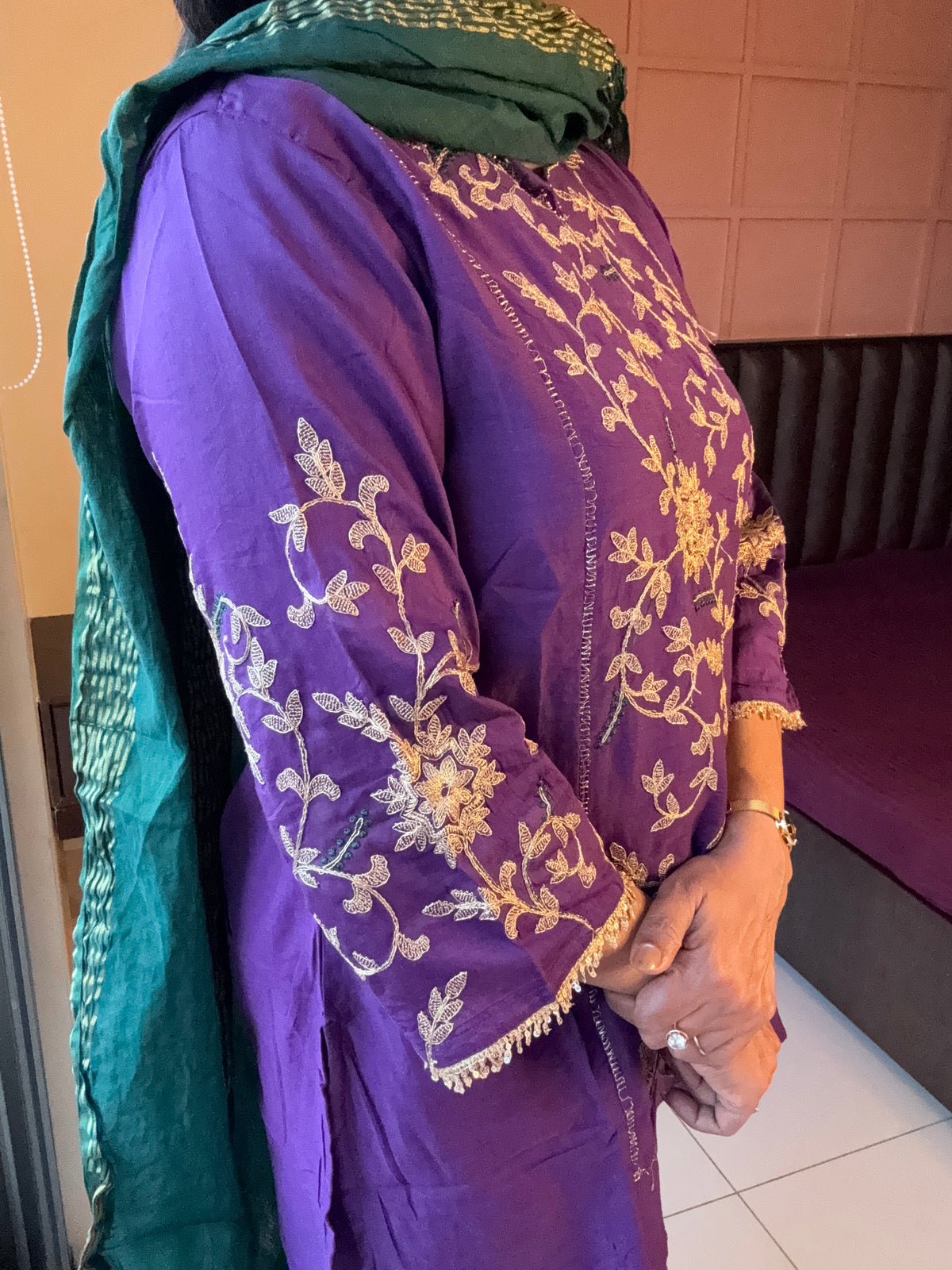 Royal Purple & Green Embroidered Short Kurta Palazzo Set with Dupatta |  Mul Chanderi