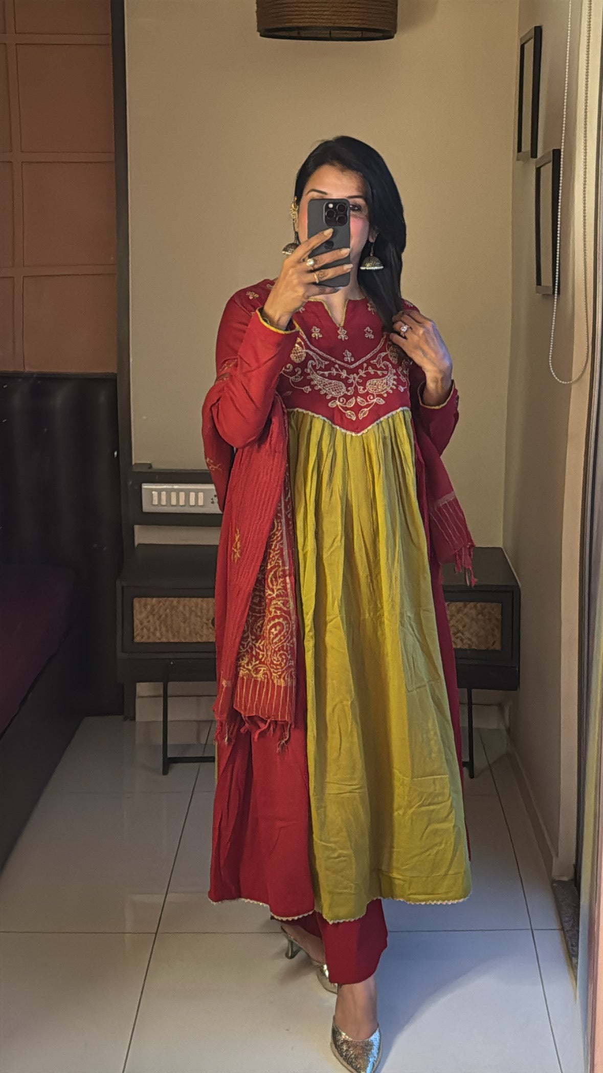 Green & Red Yoke Embroidered Anarkali Set with Kota Doria Hand-Print Dupatta | Mul Cotton