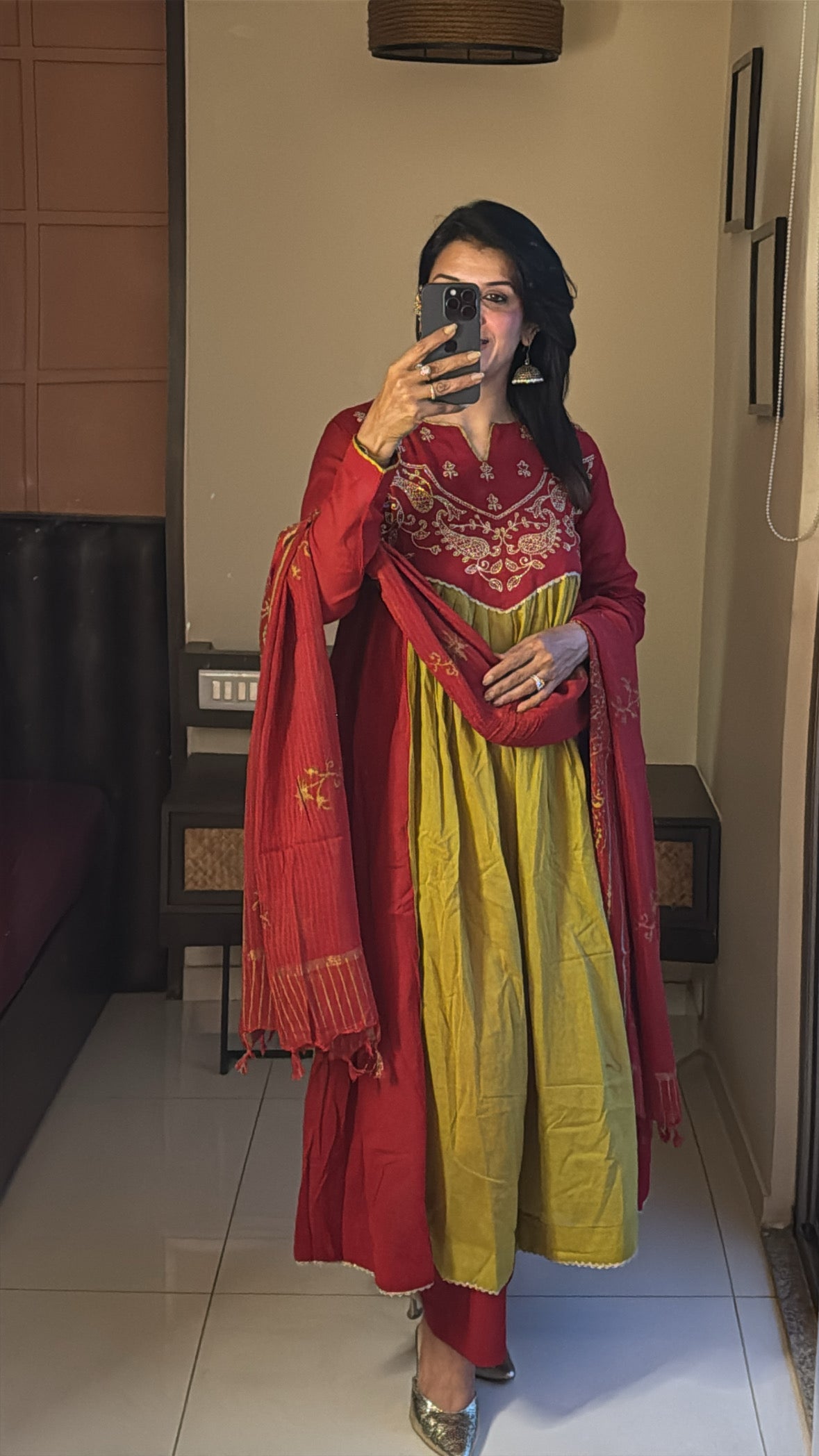Green & Red Yoke Embroidered Anarkali Set with Kota Doria Hand-Print Dupatta | Mul Cotton
