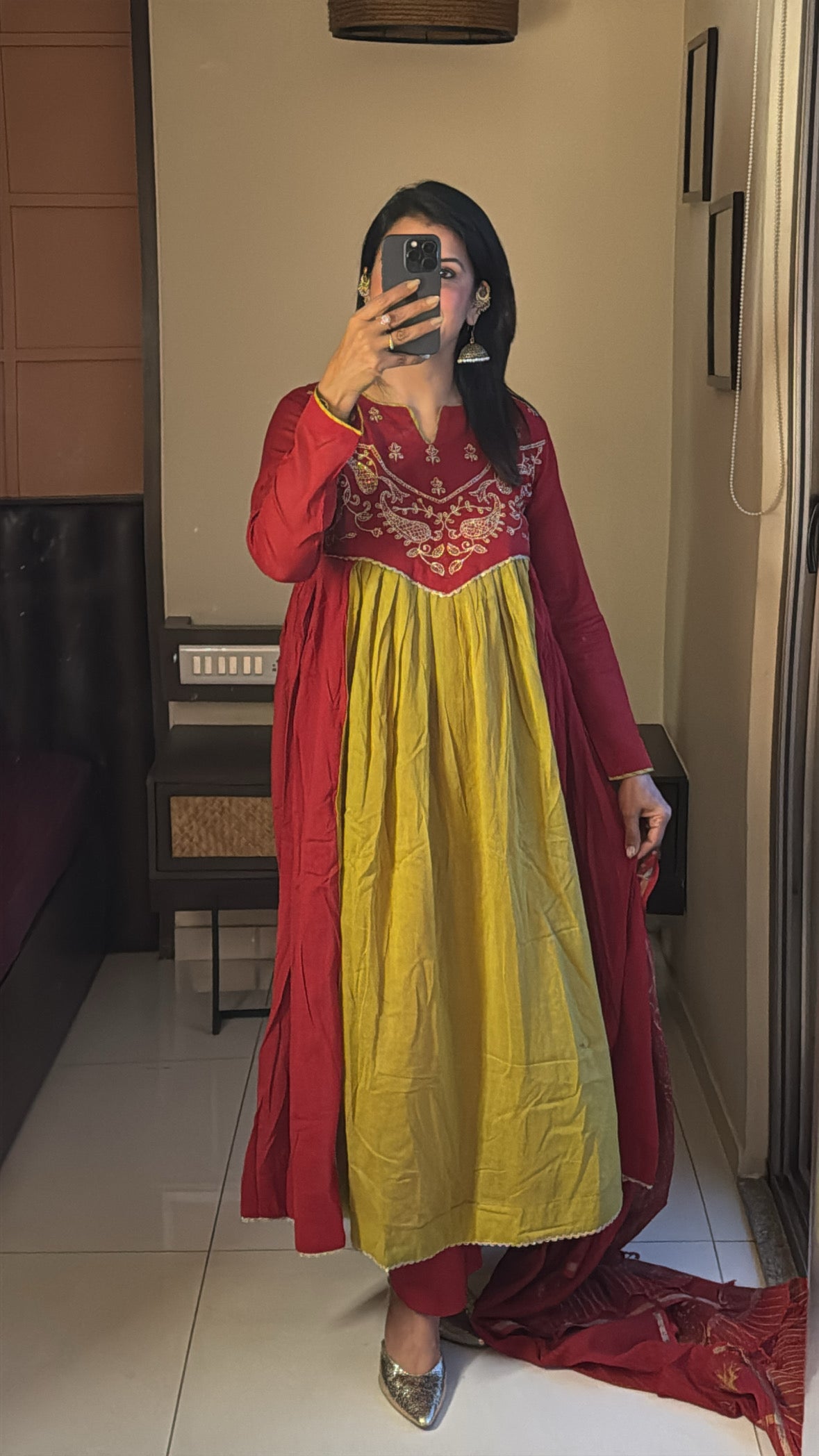 Green & Red Yoke Embroidered Anarkali Set with Kota Doria Hand-Print Dupatta | Mul Cotton