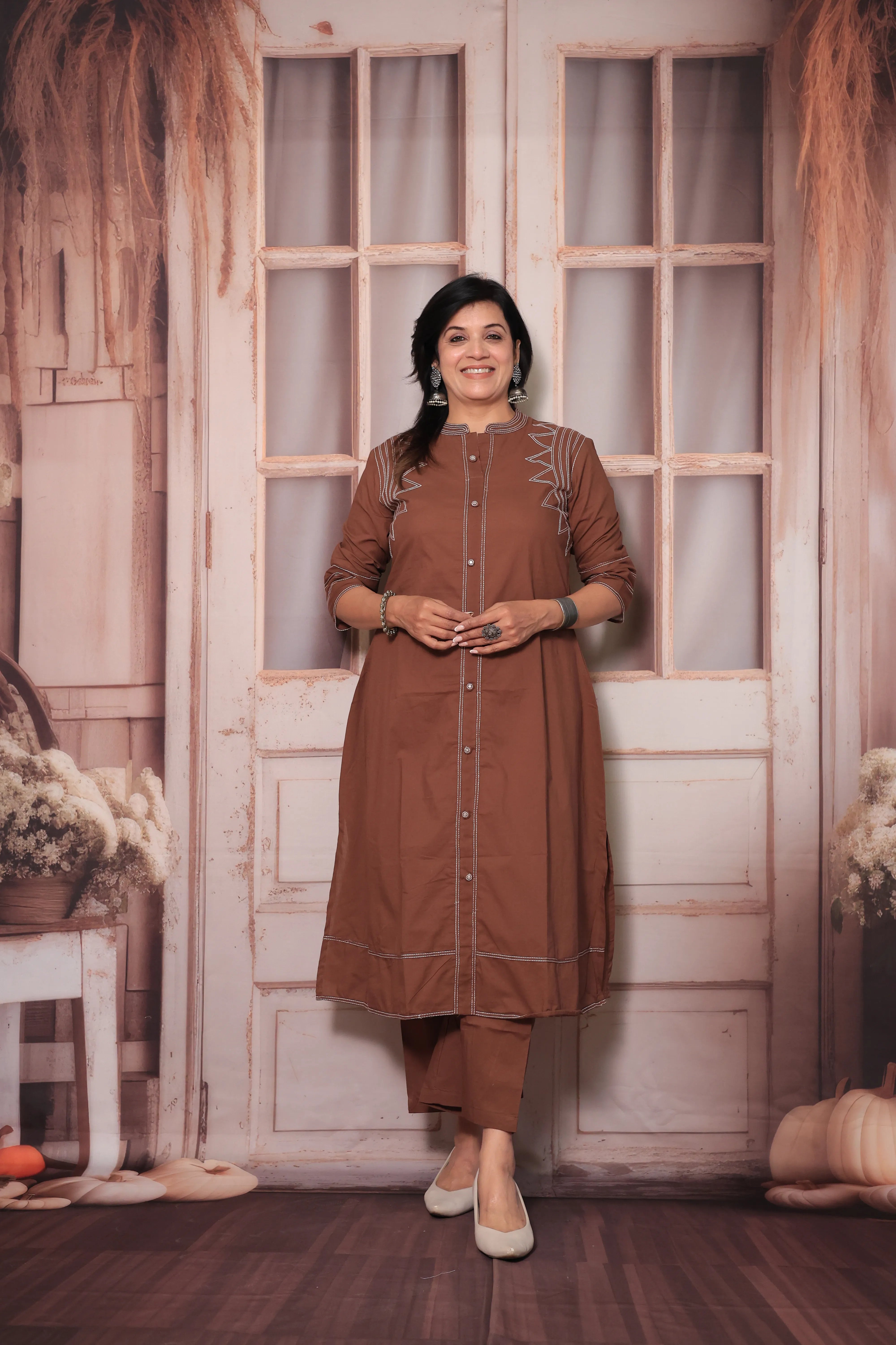 Cinnamon Brown A-Line Kurti Pant Set in Soft Cotton with Thread Embroidery