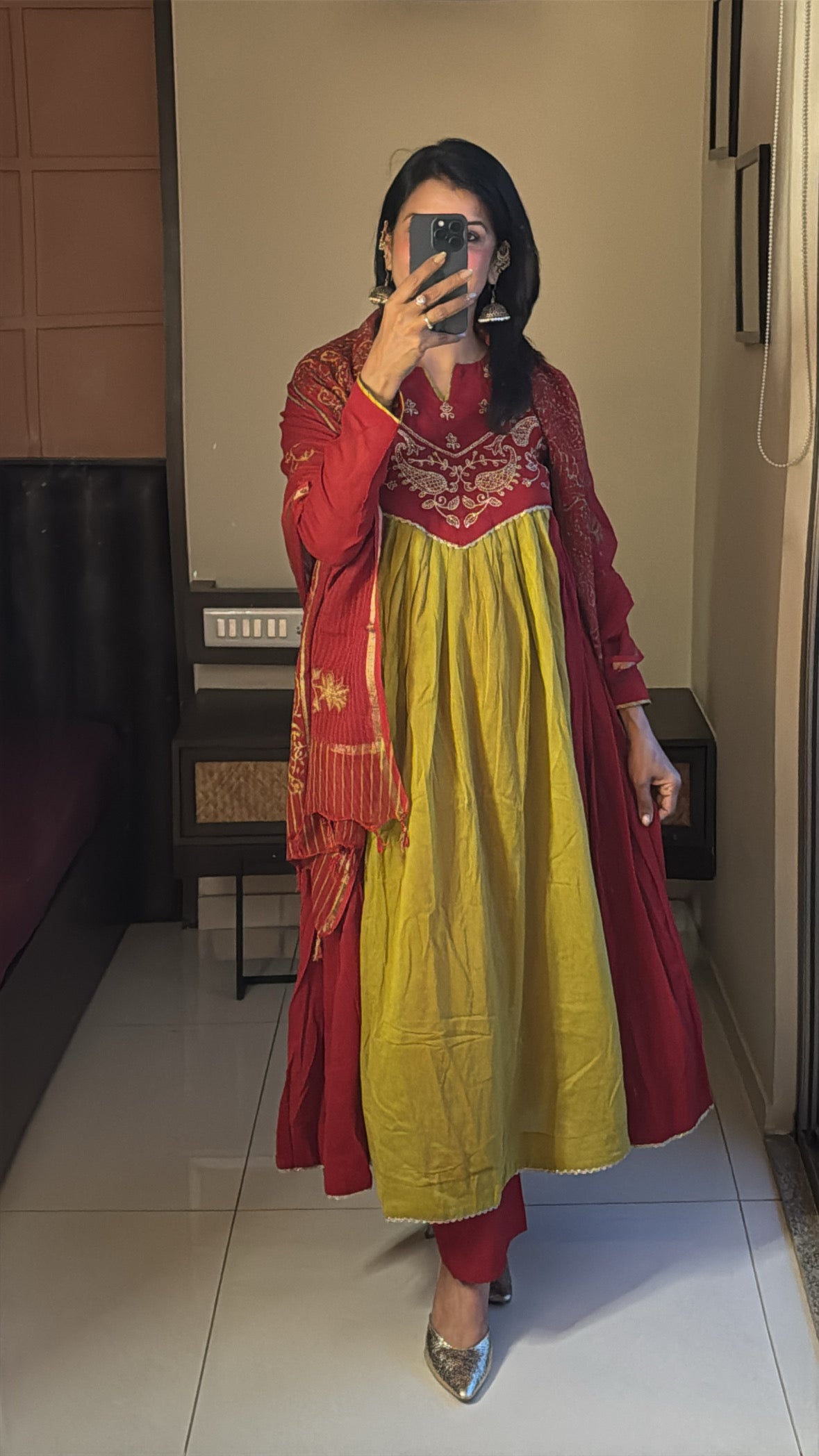 Green & Red Yoke Embroidered Anarkali Set with Kota Doria Hand-Print Dupatta | Mul Cotton