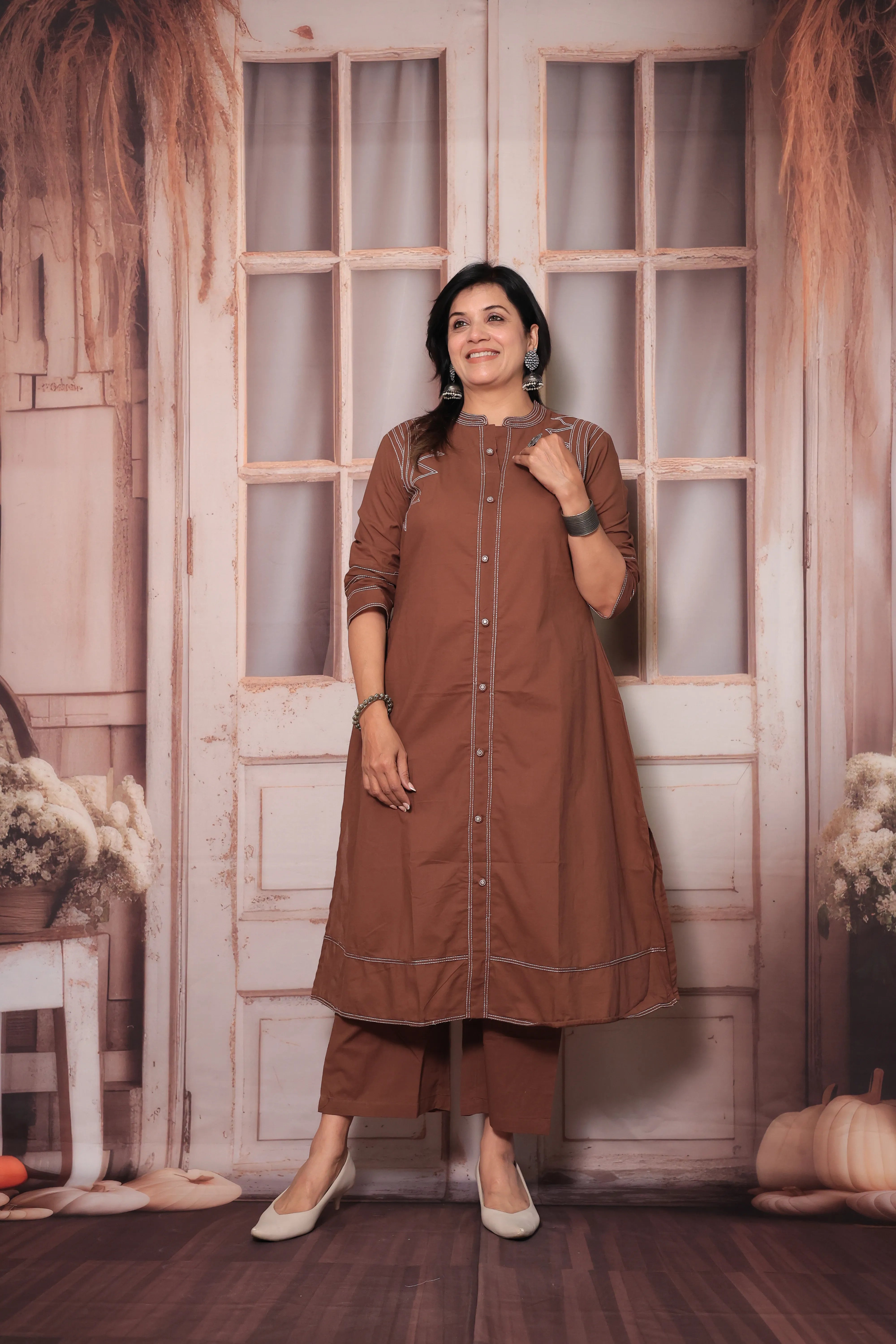 Cinnamon Brown A-Line Kurti Pant Set in Soft Cotton with Thread Embroidery